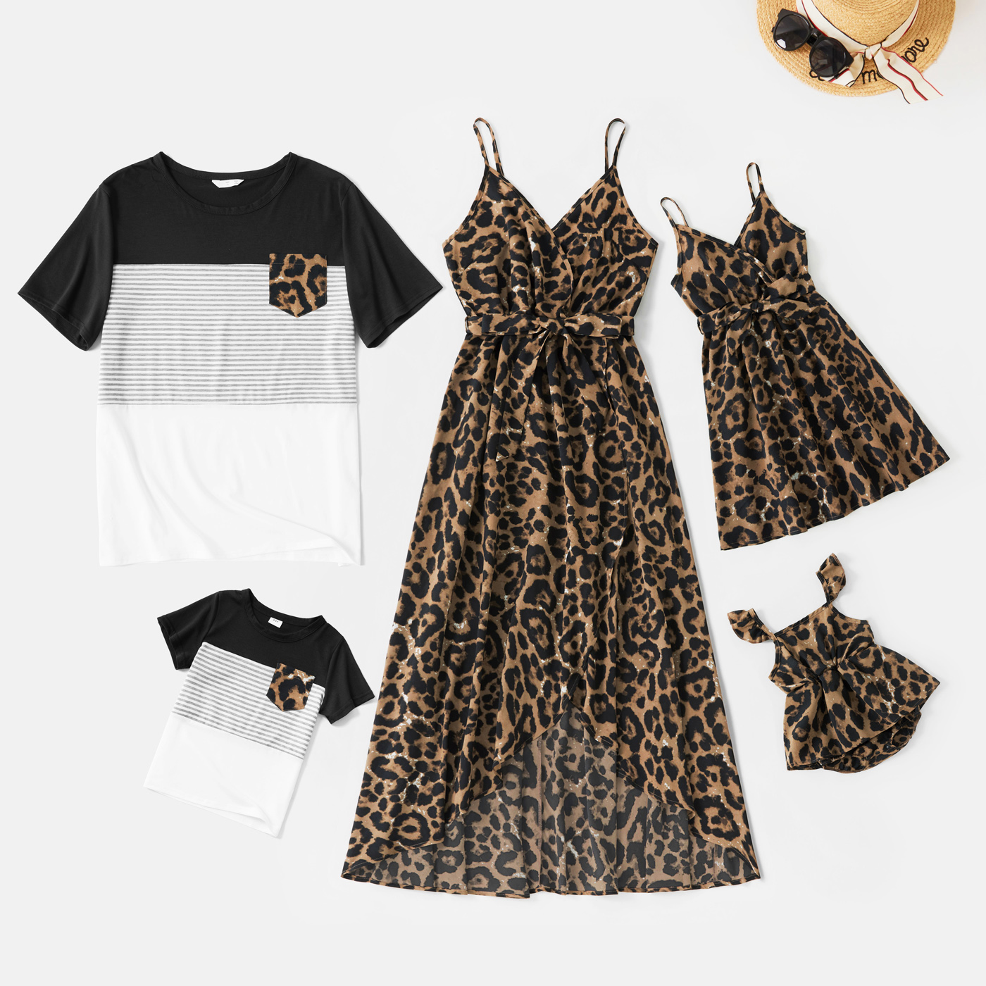 

Leopard Print Family Matching Sets(Spaghetti Strap Midi Dresses and Striped Splicing Short-sleeve T-shirts)
