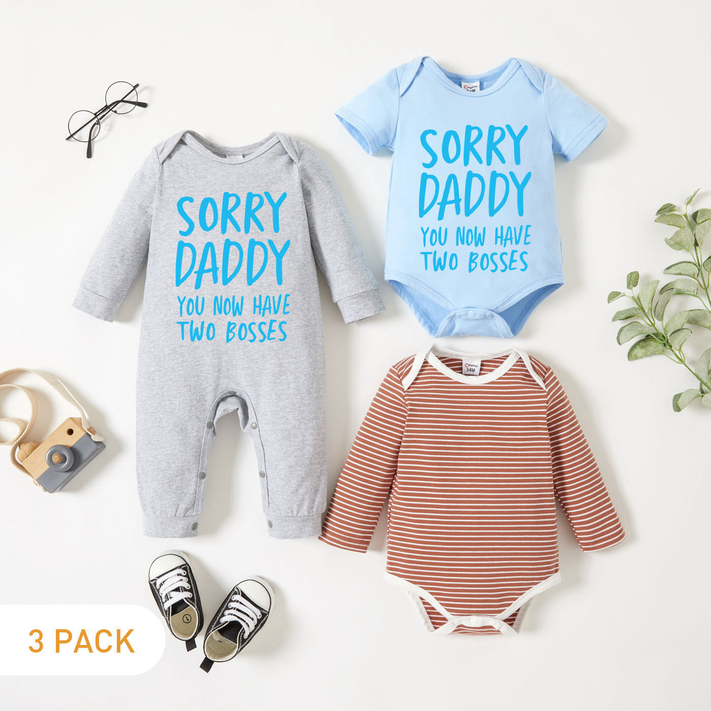 

3-Pack Baby Graphic Letter Print Striped Romper Jumpsuit Set