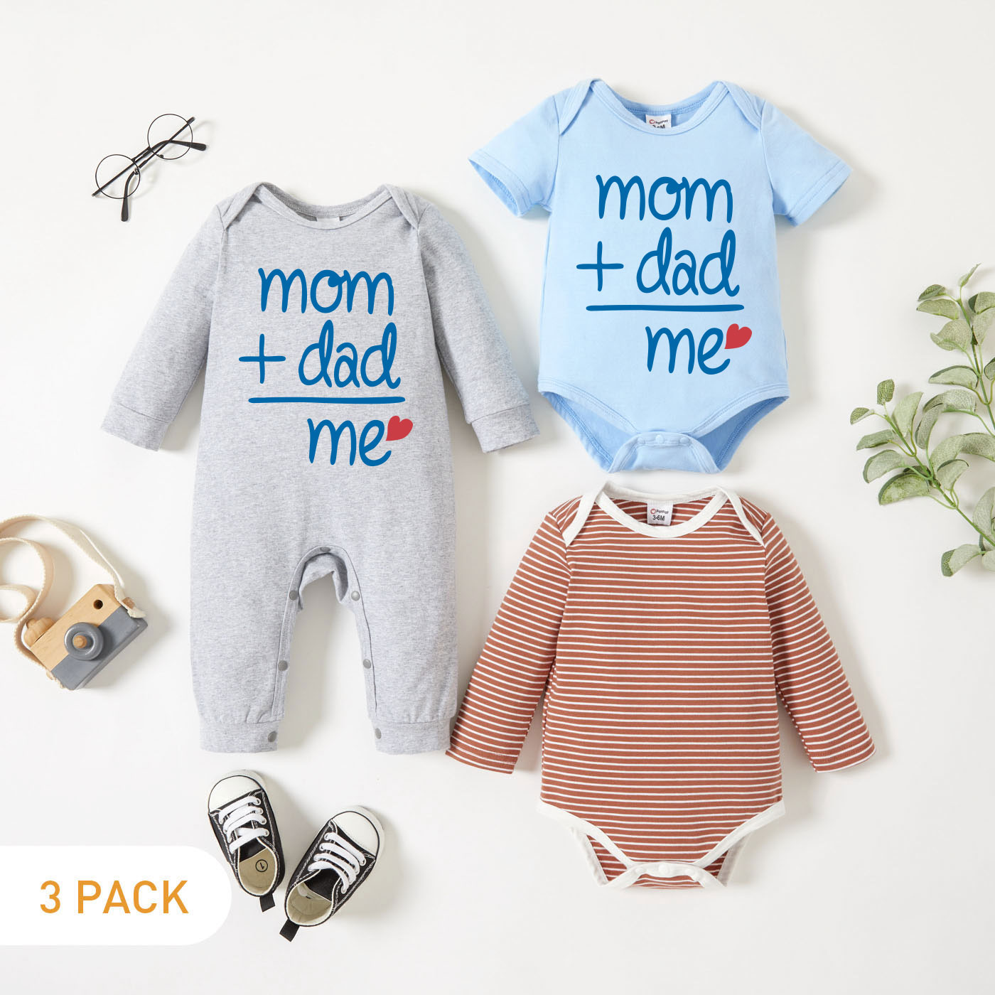 

3-Pack Baby Graphic Letter and Heart Print Striped Romper Jumpsuit Set