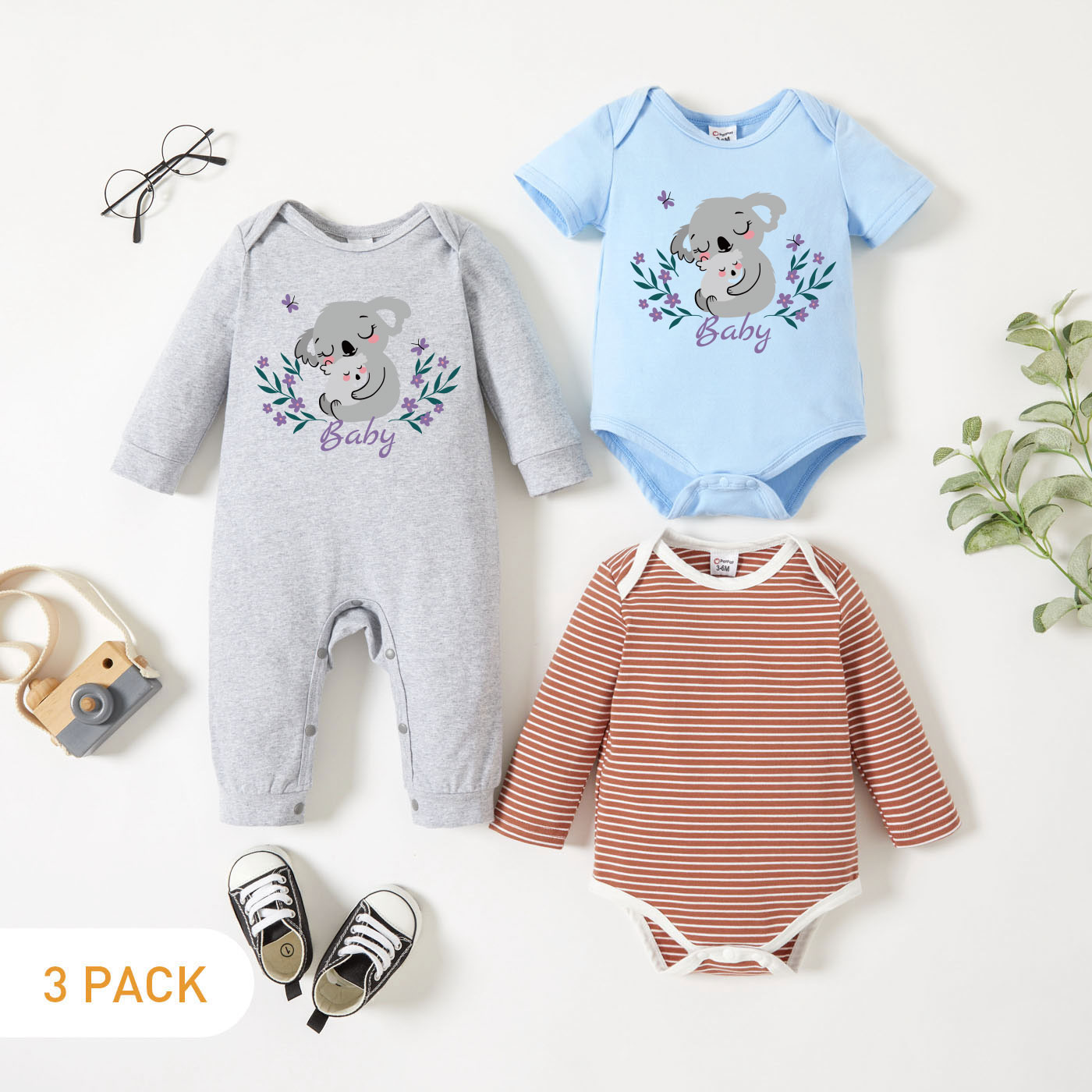 

3-Pack Baby Graphic & Striped Romper Jumpsuit Set