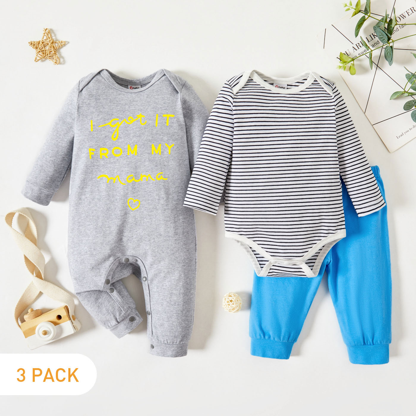 

3-Pack Baby Graphic & Striped Romper Jumpsuit Pants Set