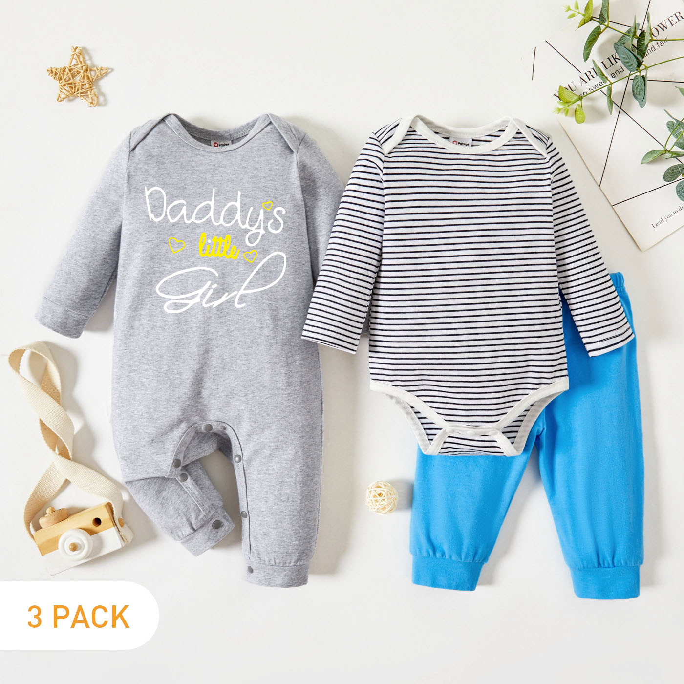 

3-Pack Baby Graphic & Striped Romper Jumpsuit Pants Set