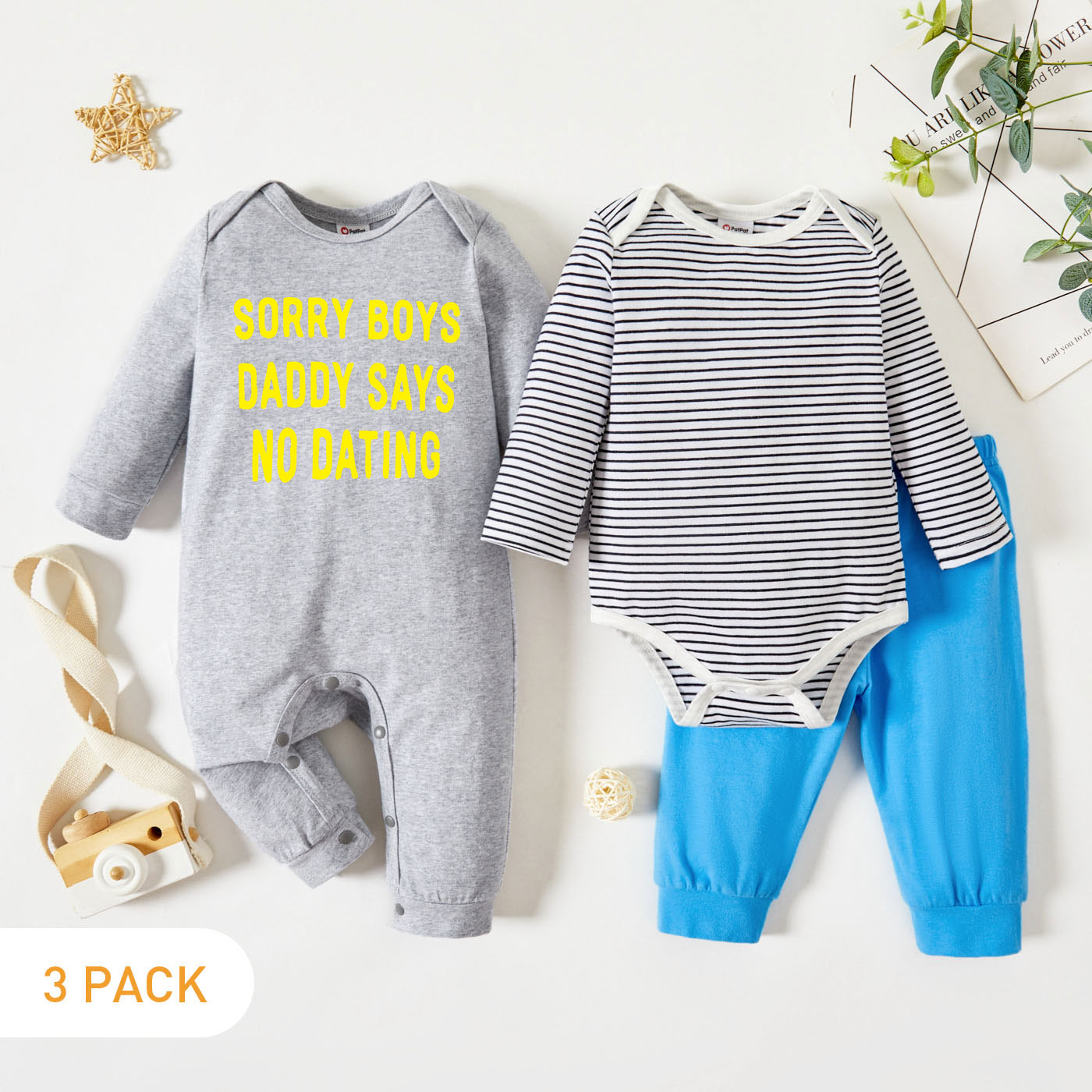 

3-Pack Baby Graphic & Striped Romper Jumpsuit Pants Set
