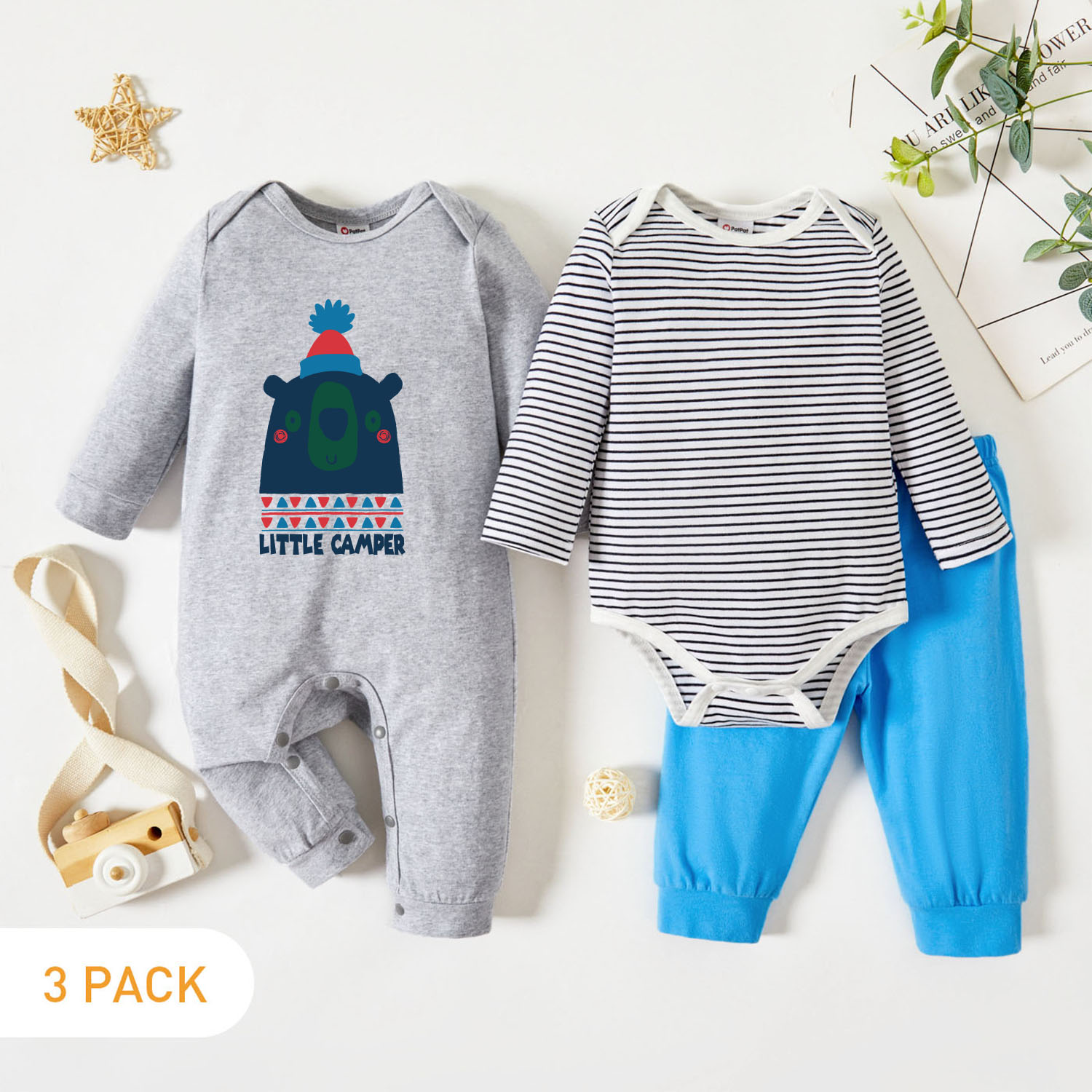 

3-Pack Baby Graphic & Striped Romper Jumpsuit Pants Set