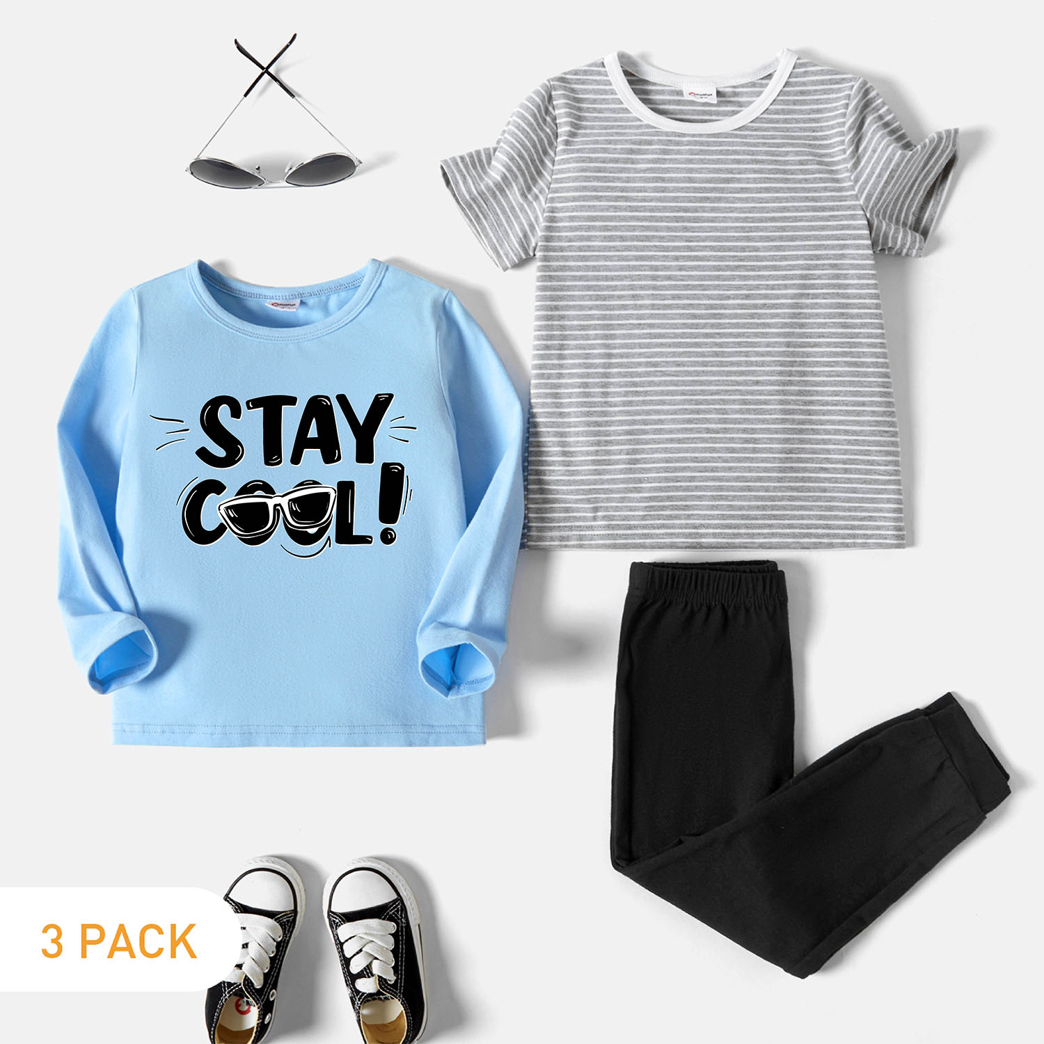 

3-Pack Toddler Graphic Letter and Glasses Print Long-sleeve Tee & Striped Short-sleeve Tee & Pants Set
