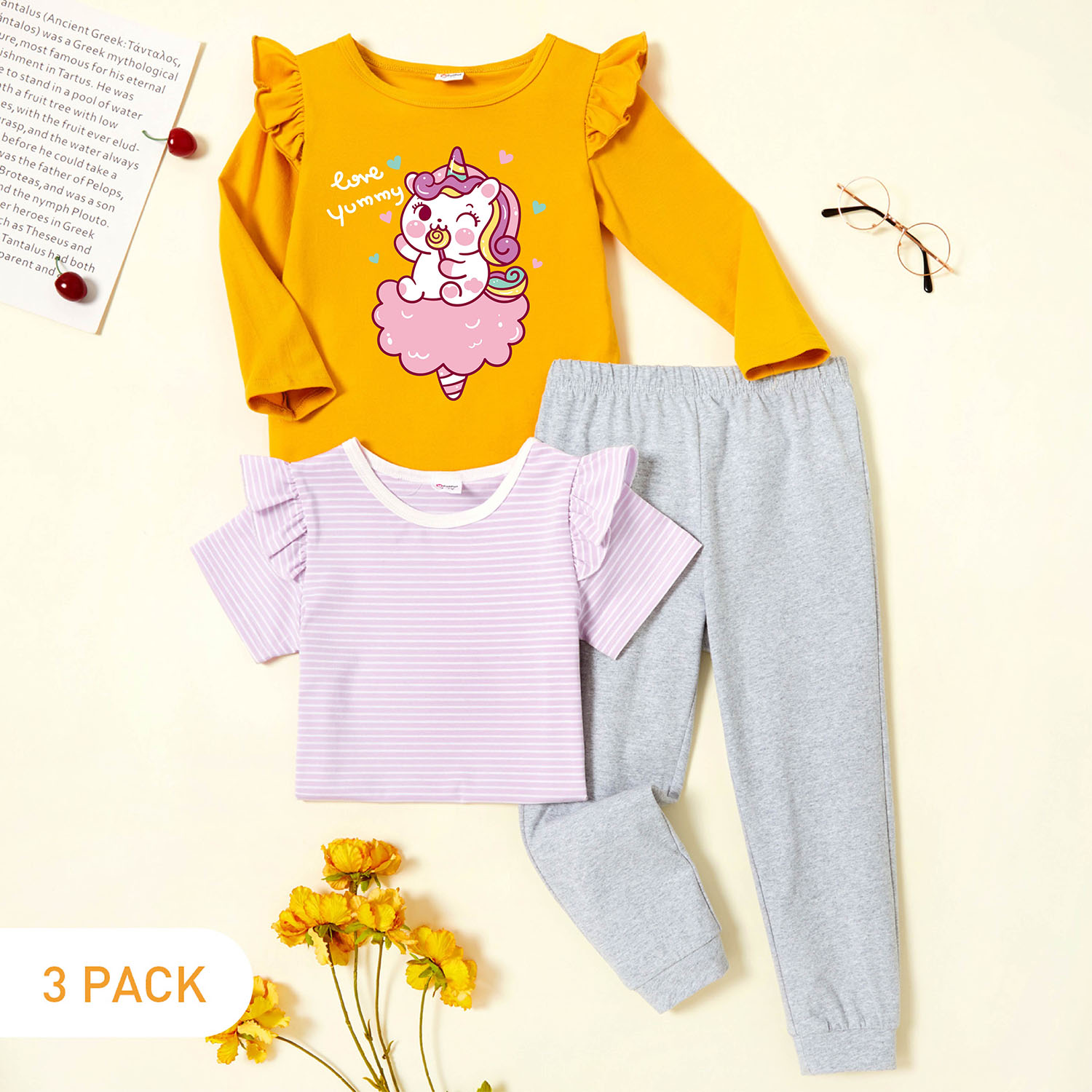 

3-Pack Toddler Girl Graphic Unicorn and Heart and Letter Print Ruffled Long-sleeve Tee & Striped Ruffled Short-sleeve Tee & Pants Set