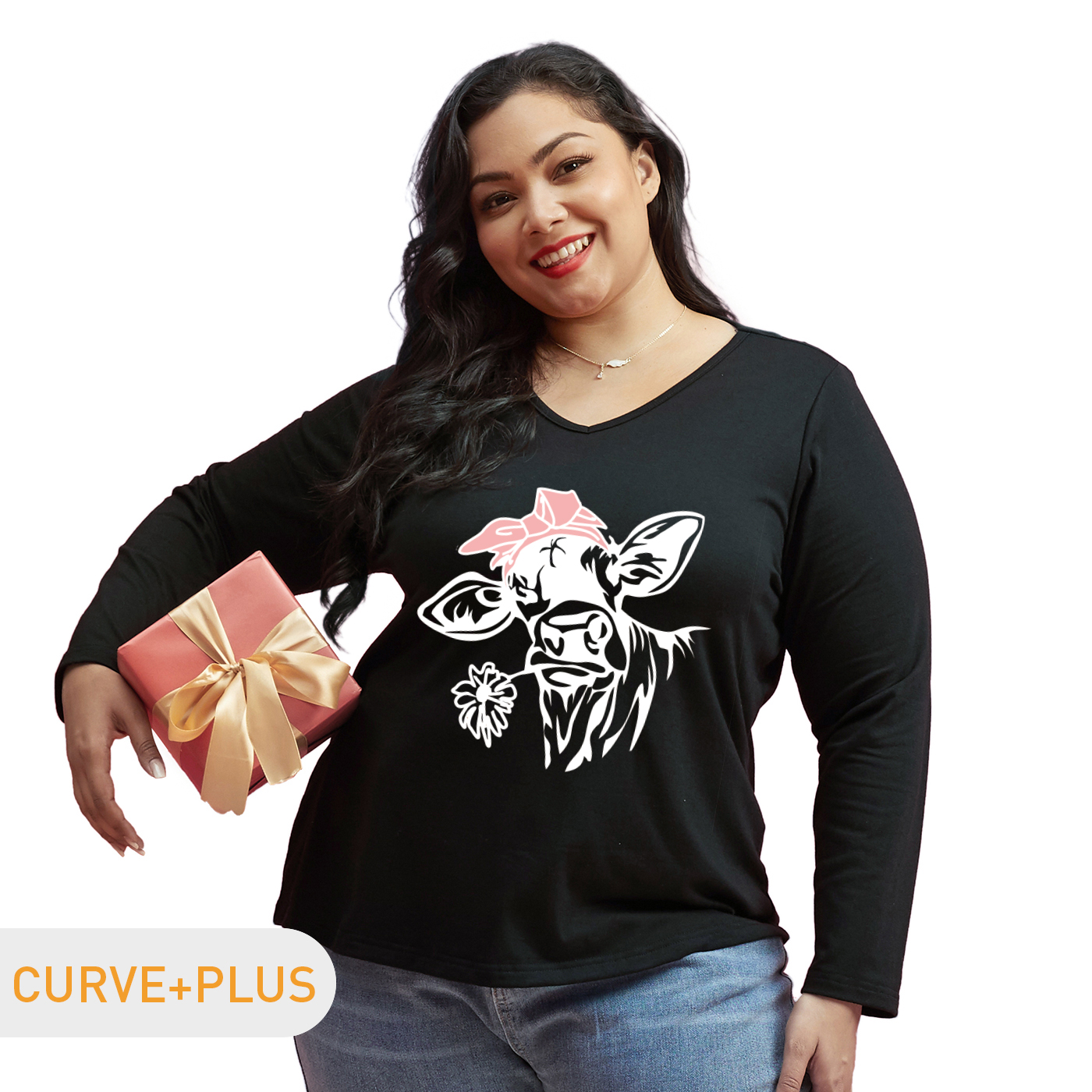 

Women Plus Size Graphic Cattle Print V Neck Long-sleeve Tee
