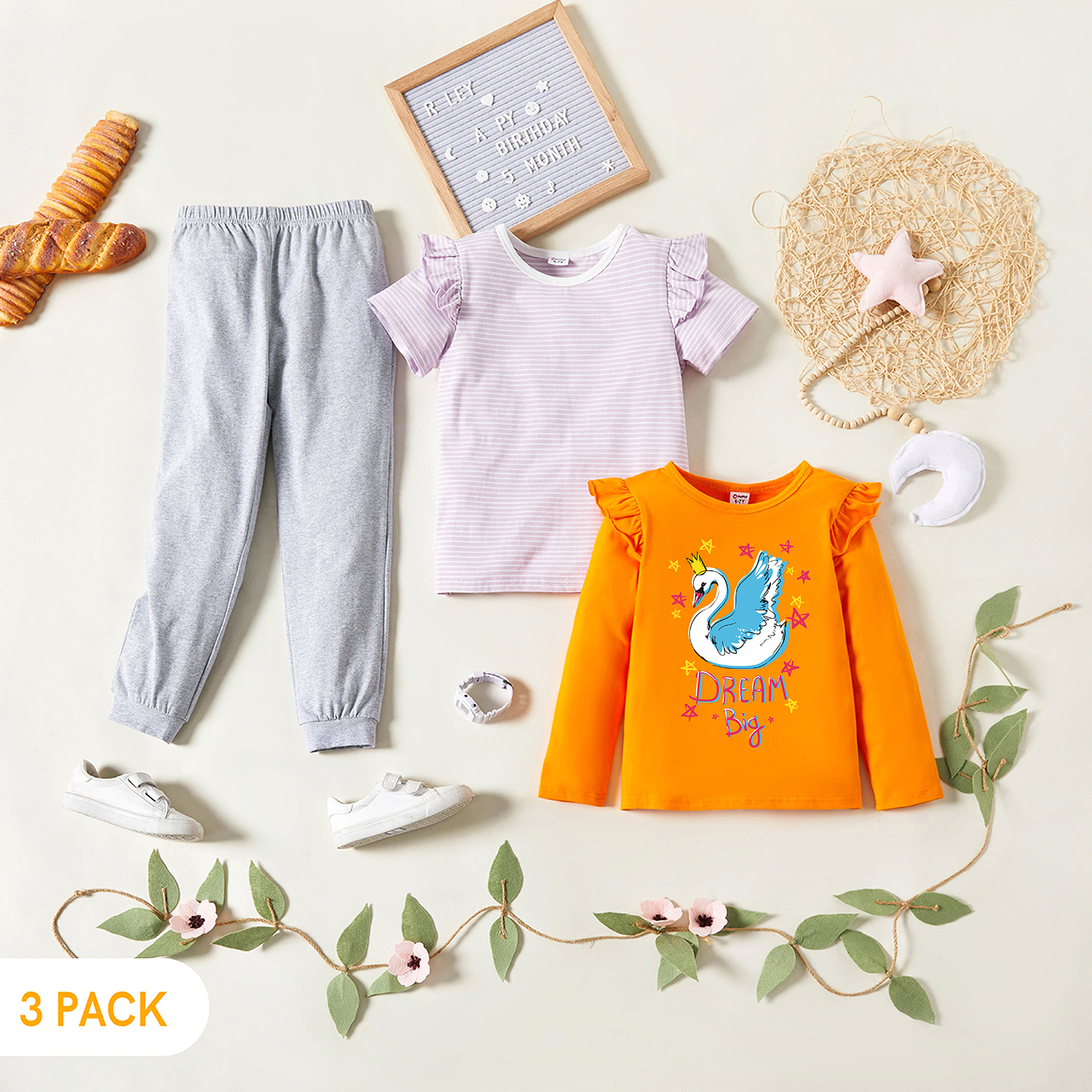 

3-Pack Kids Graphic & Striped Tee Pants Set