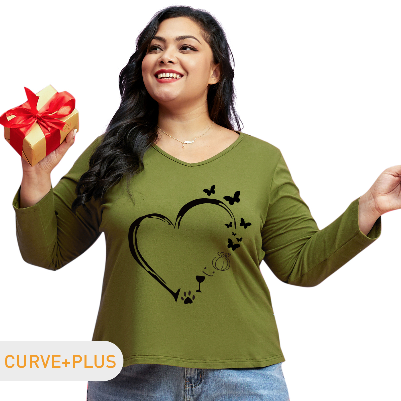 

Women Plus Size Graphic Heart-shaped and Butterfly Print V Neck Long-sleeve Tee
