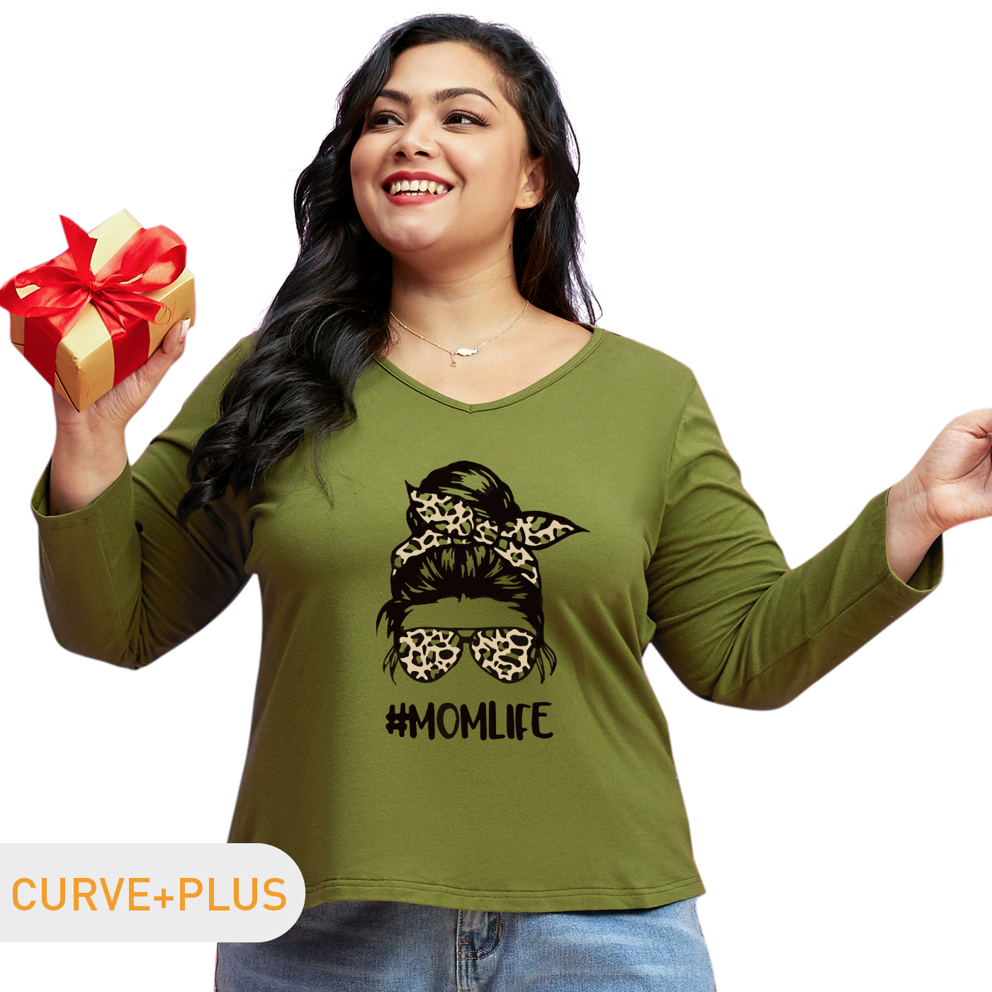 

Women Plus Size Graphic Portrait and Letter and Leopard Print V Neck Long-sleeve Tee