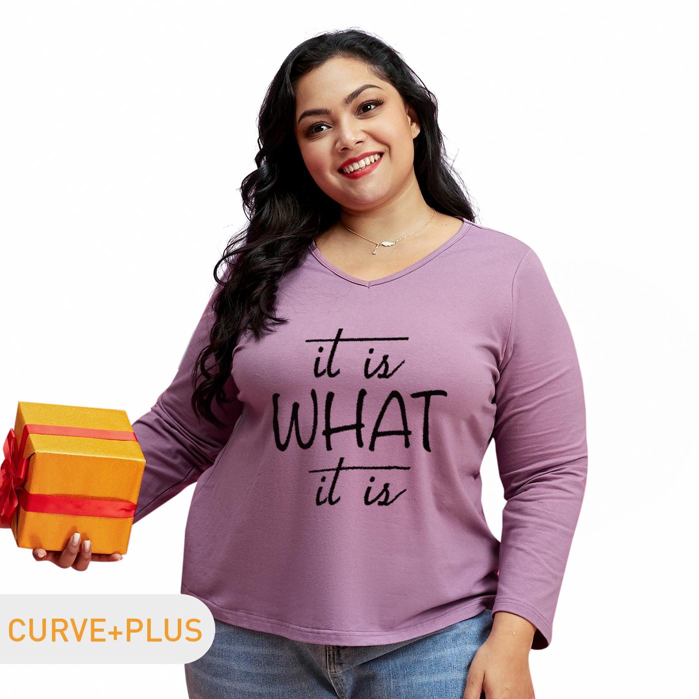 

Women Plus Size Graphic Letter Print V Neck Long-sleeve Tee