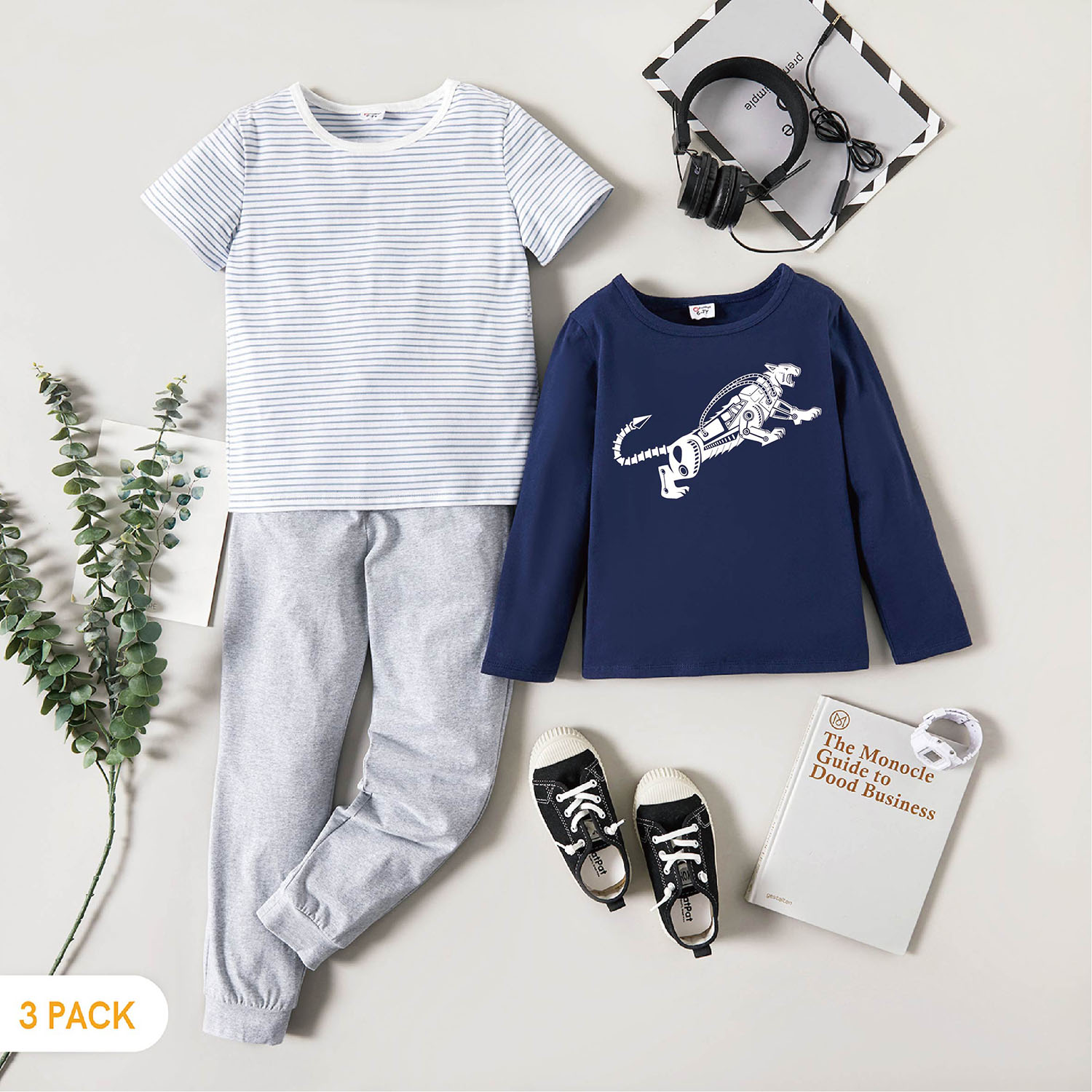 

3-Pack Kids Graphic & Striped Tee Pants Set