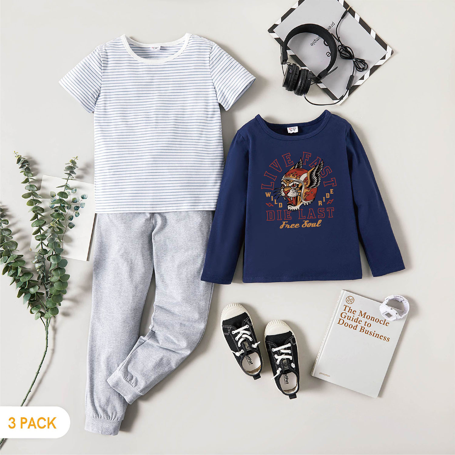 

3-Pack Kids Graphic & Striped Tee Pants Set