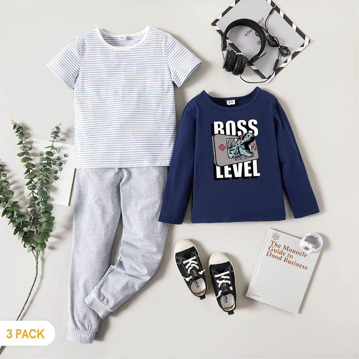 

3-Pack Kid Boy Graphic Dinosaur and Letter Print Long-sleeve Tee & Striped Short-sleeve Tee & Pants Set