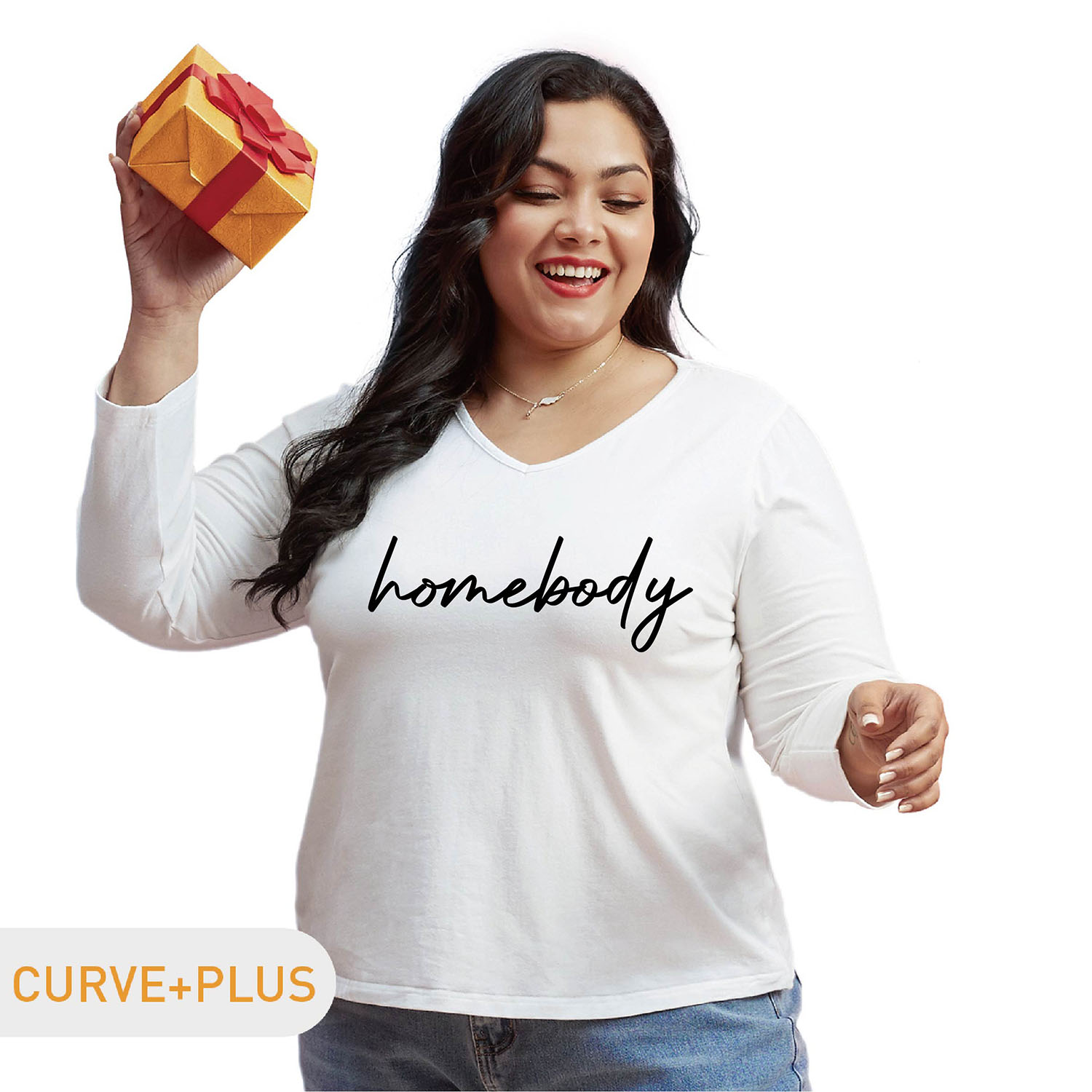

Women Plus Size Graphic Letter Print V Neck Long-sleeve Tee