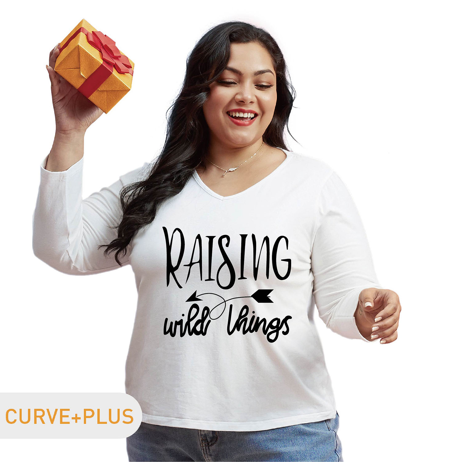 

Women Plus Size Graphic Letter Print V Neck Long-sleeve Tee