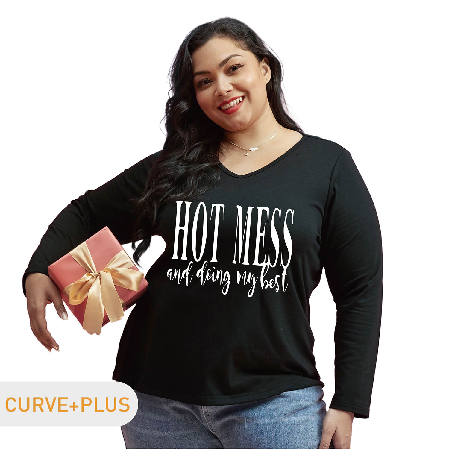 

Women Plus Size Graphic Letter Print V Neck Long-sleeve Tee