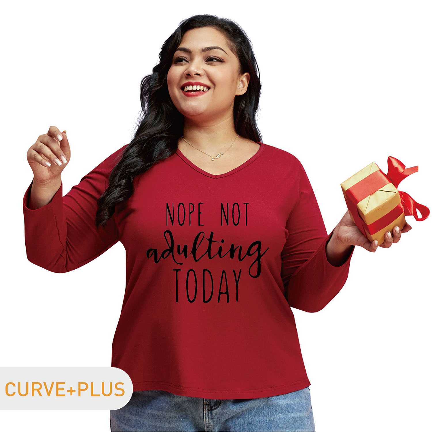 

Women Plus Size Graphic Letter Print V Neck Long-sleeve Tee