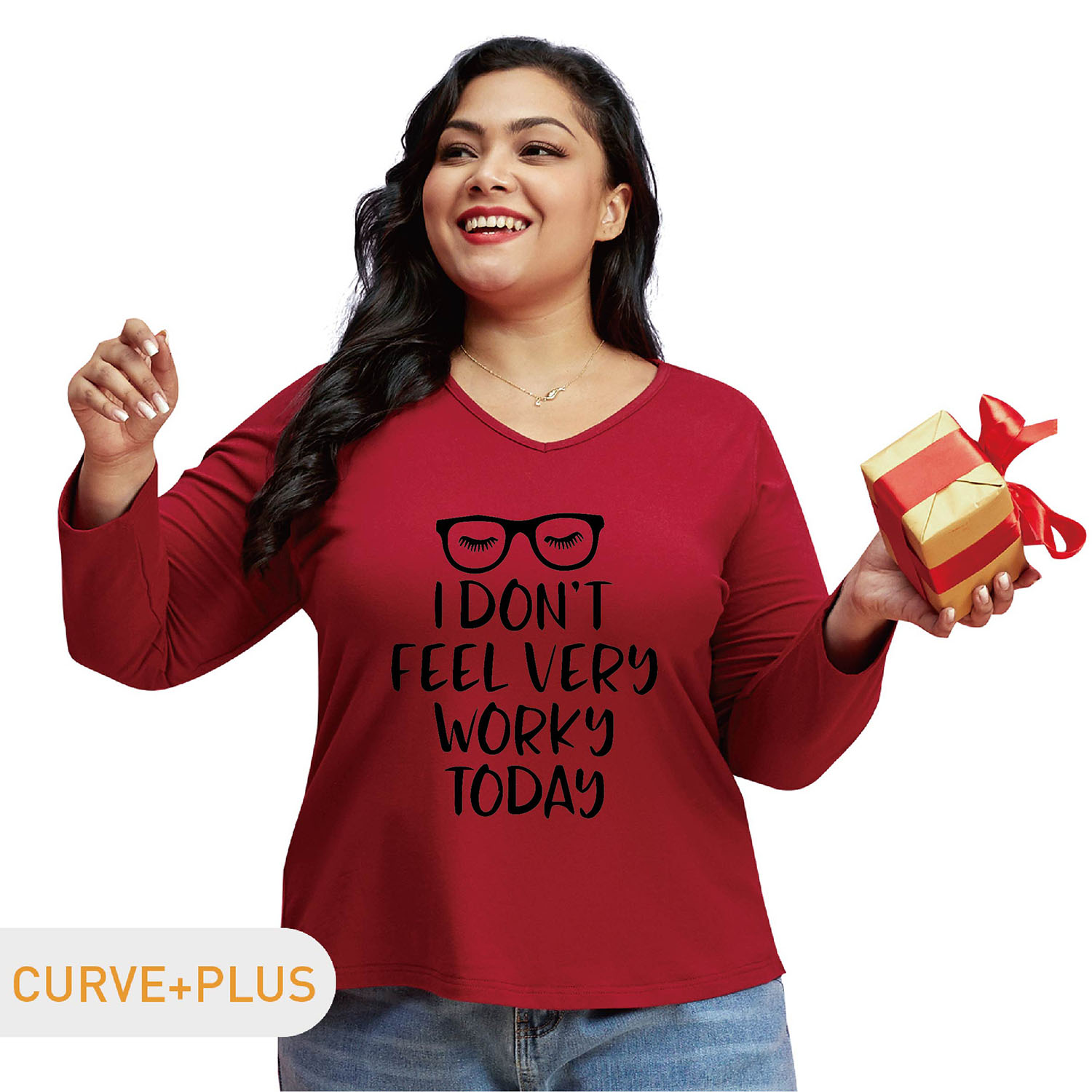 

Women Plus Size Graphic Glasses and Letter Print V Neck Long-sleeve Tee