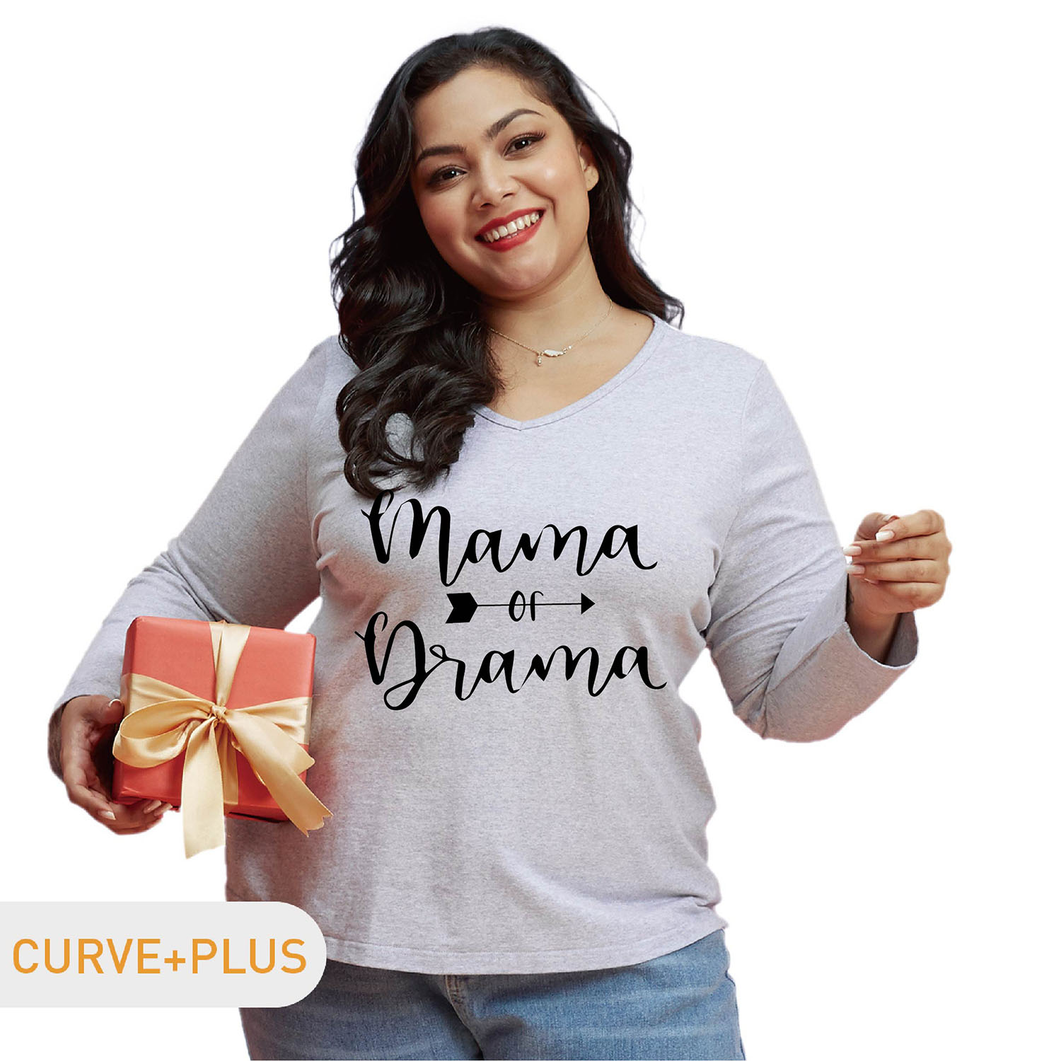 

Women Plus Size Graphic Letter Print V Neck Long-sleeve Tee