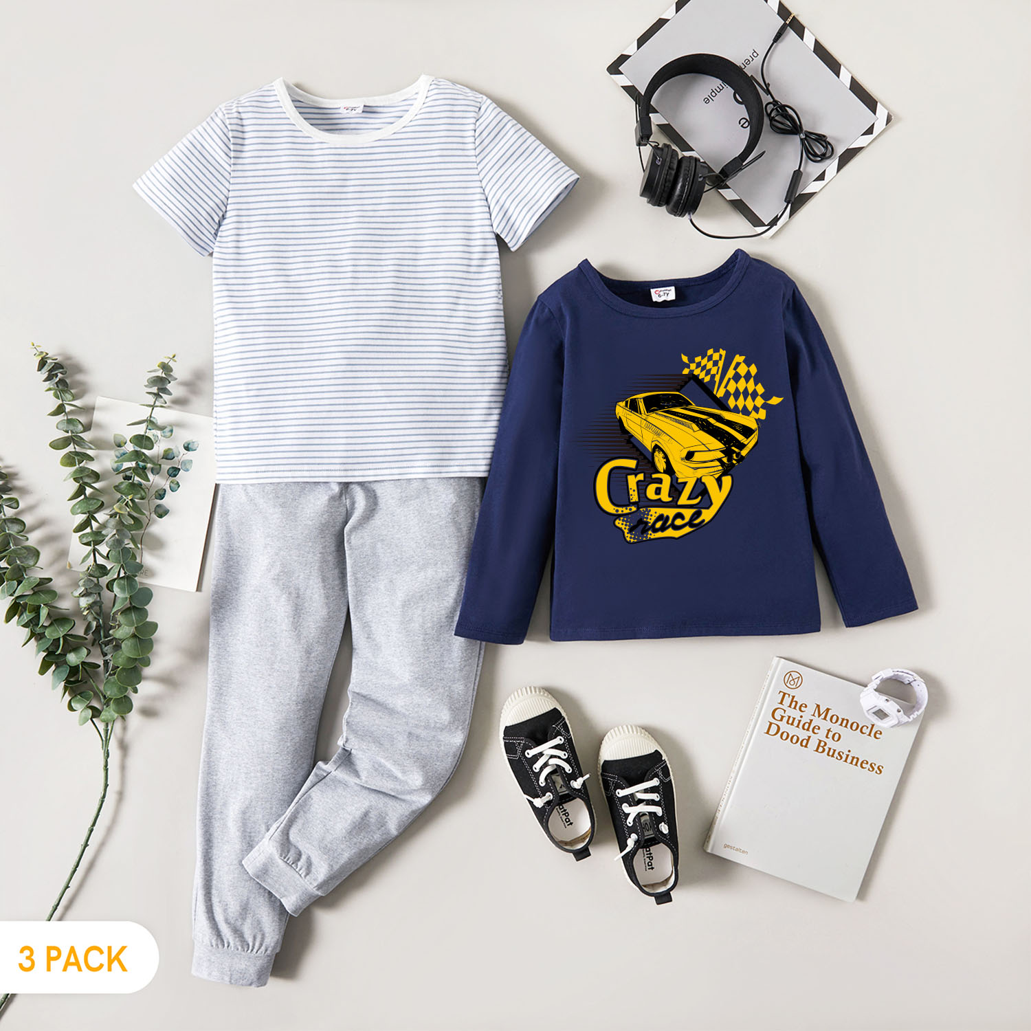 

3-Pack Kids Graphic & Striped Tee Pants Set