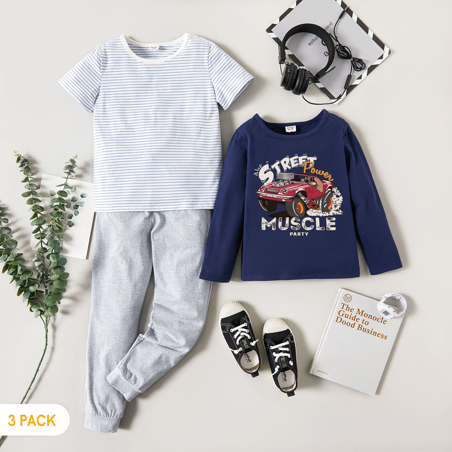 

3-Pack Kids Graphic & Striped Tee Pants Set