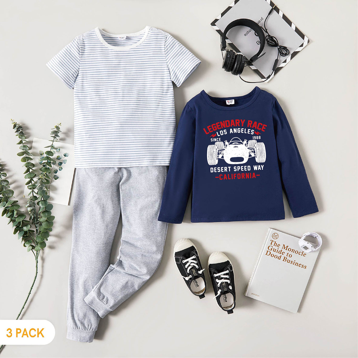 

3-Pack Kids Graphic & Striped Tee Pants Set