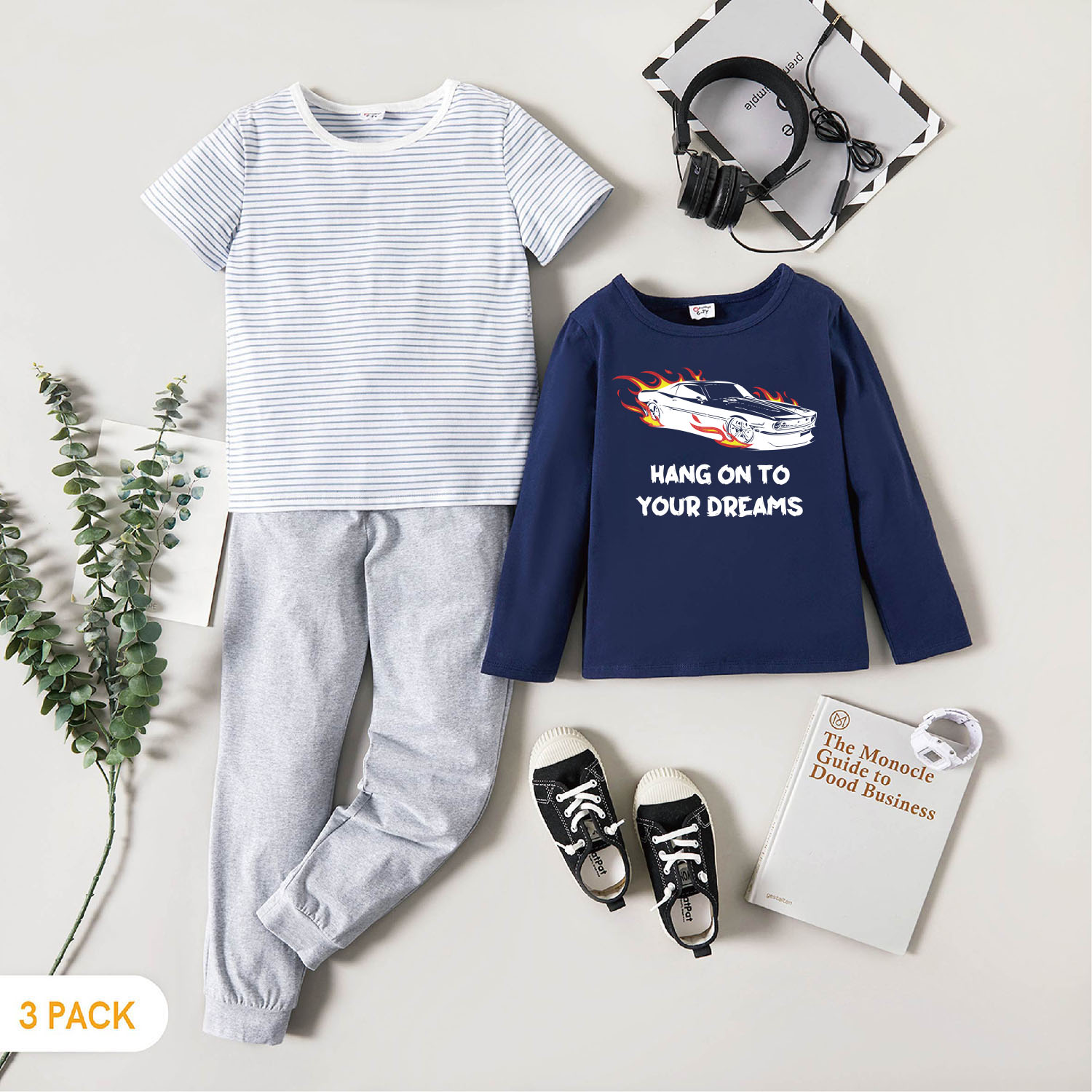 

3-Pack Kid Graphic Car and Letter Print Long-sleeve Tee & Striped Short-sleeve Tee & Pants Set
