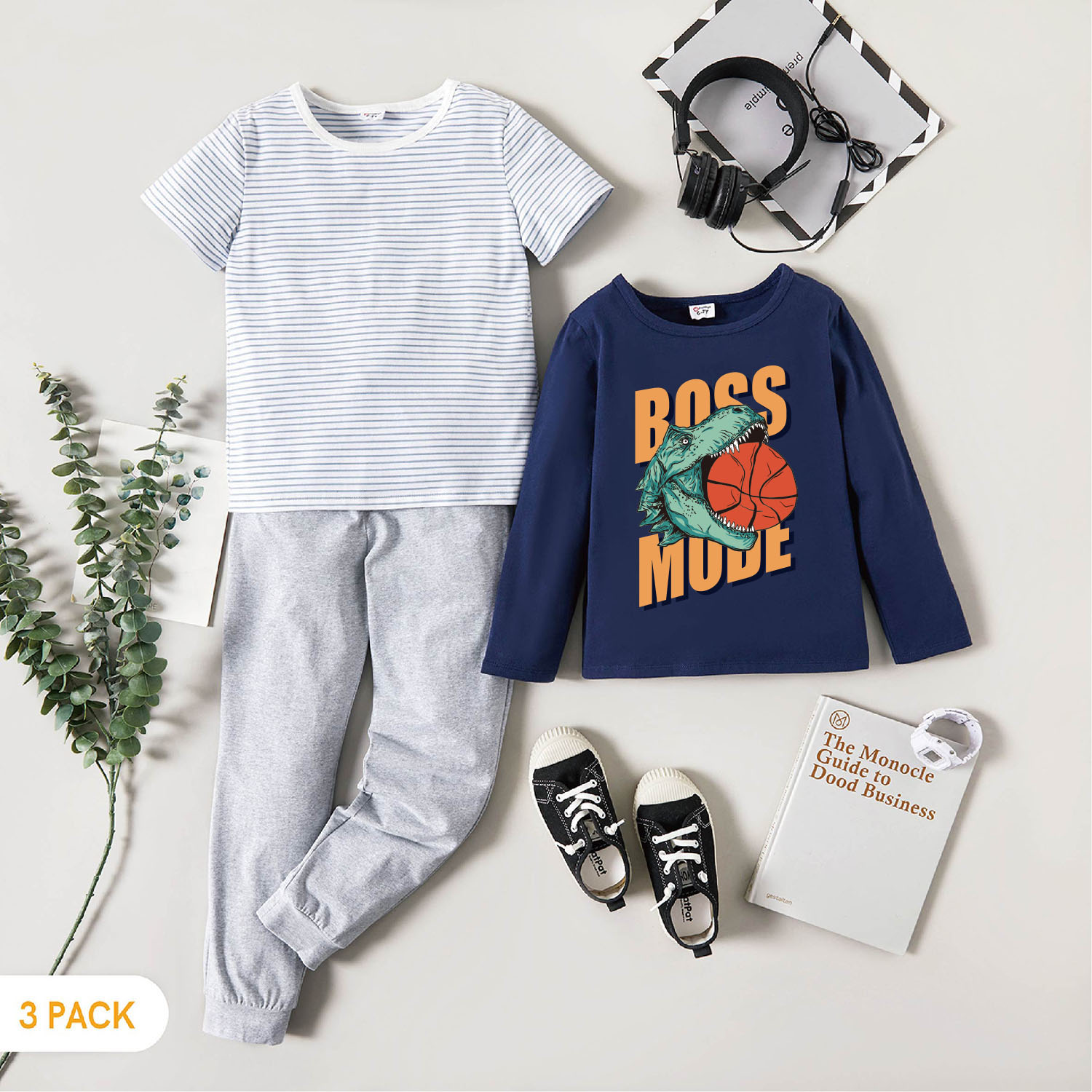 

3-Pack Kid Boy Graphic Dinosaur and Letter and Basketball Print Long-sleeve Tee & Striped Short-sleeve Tee & Pants Set