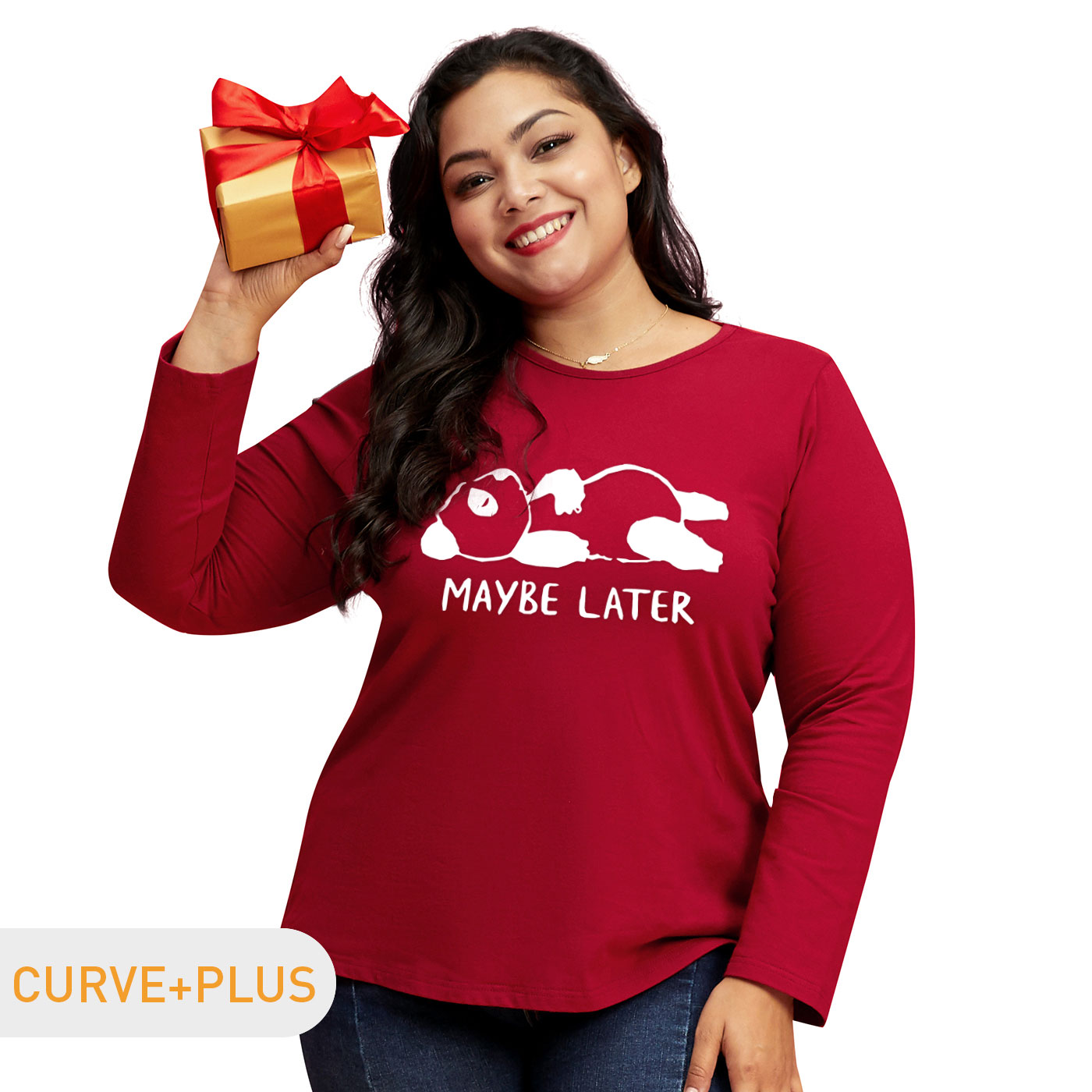 

Women Plus Size Graphic Letter and Panda Print Round-collar Long-sleeve Tee
