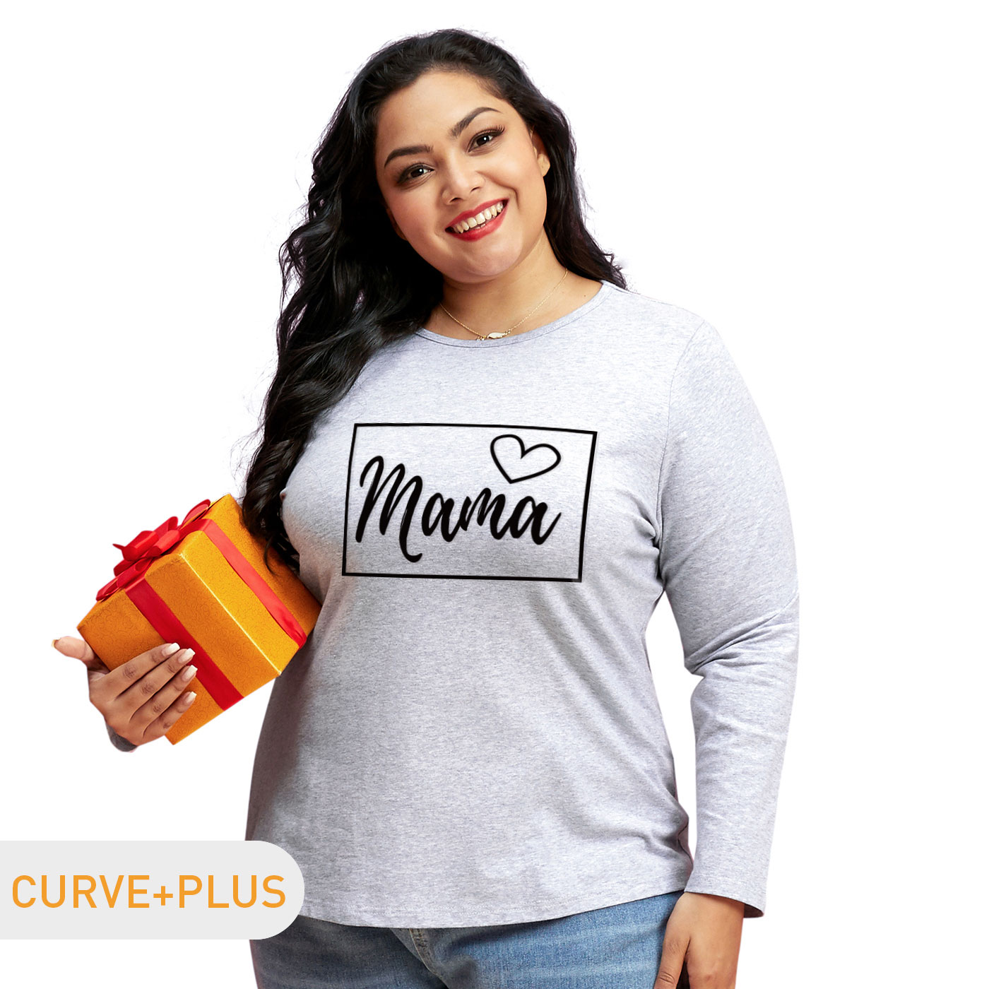 

Women Plus Size Graphic Letter and Heart Print Round-collar Long-sleeve Tee