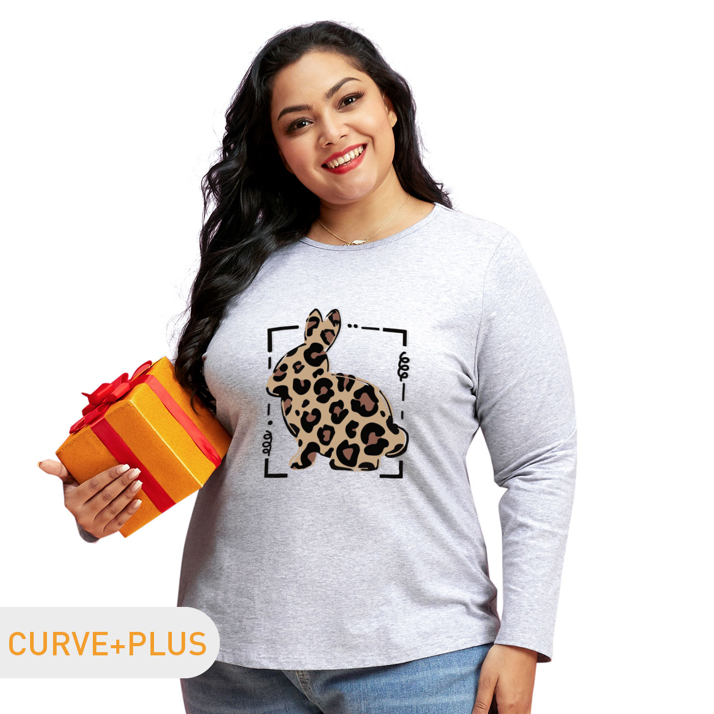 

Women Plus Size Graphic Rabbit and Leopard Print Round Neck Long-sleeve Tee