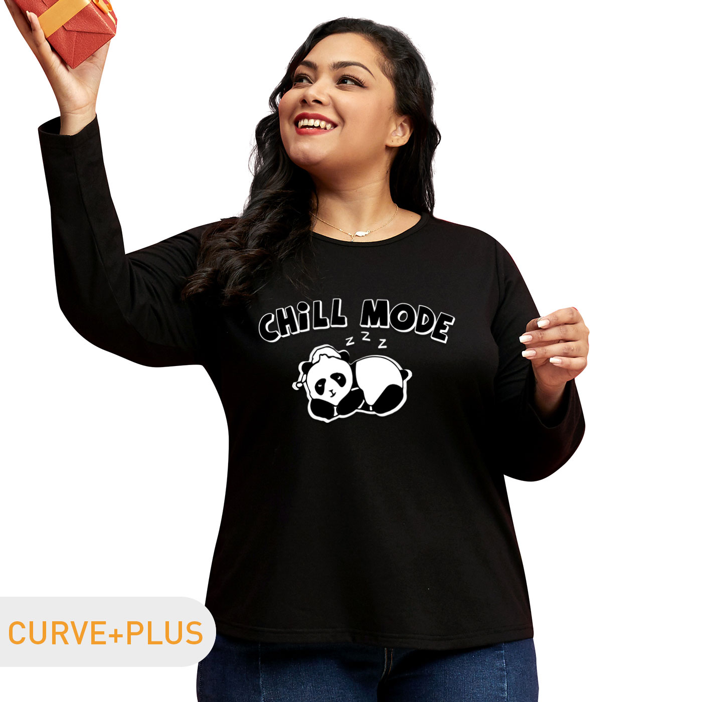 

Women Plus Size Graphic Panda and Letter Print Round Neck Long-sleeve Tee