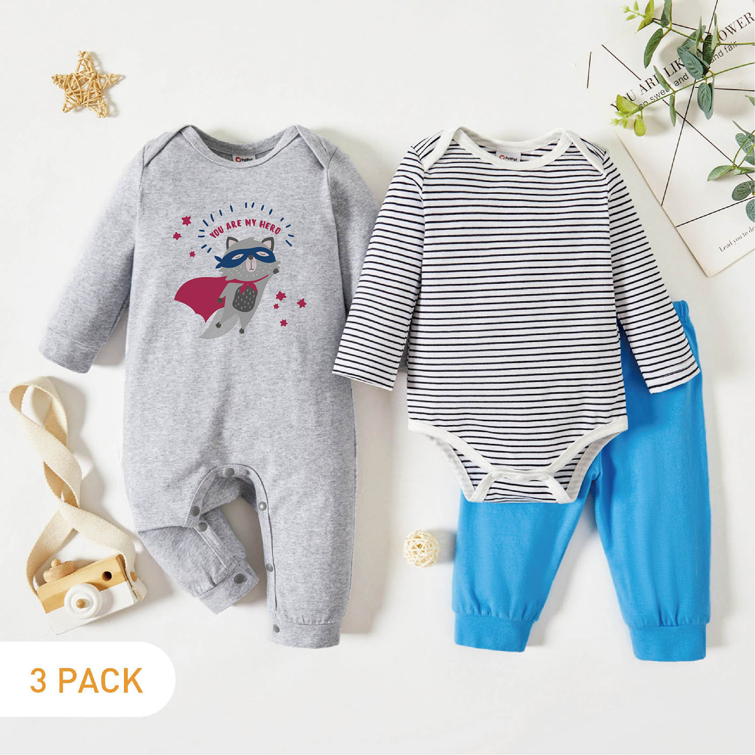

3-Pack Baby Graphic & Striped Romper Jumpsuit Pants Set
