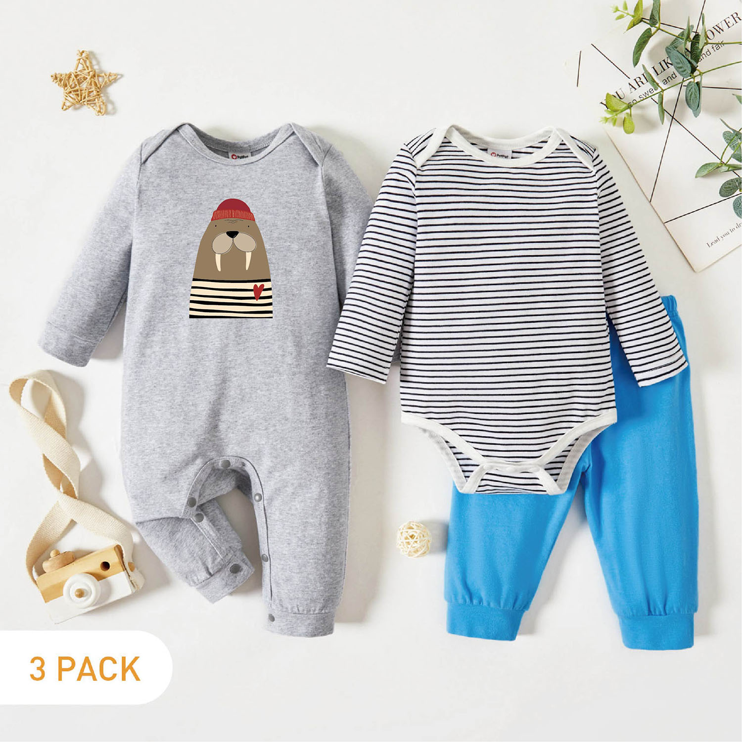 

3-Pack Baby Graphic & Striped Romper Jumpsuit Pants Set