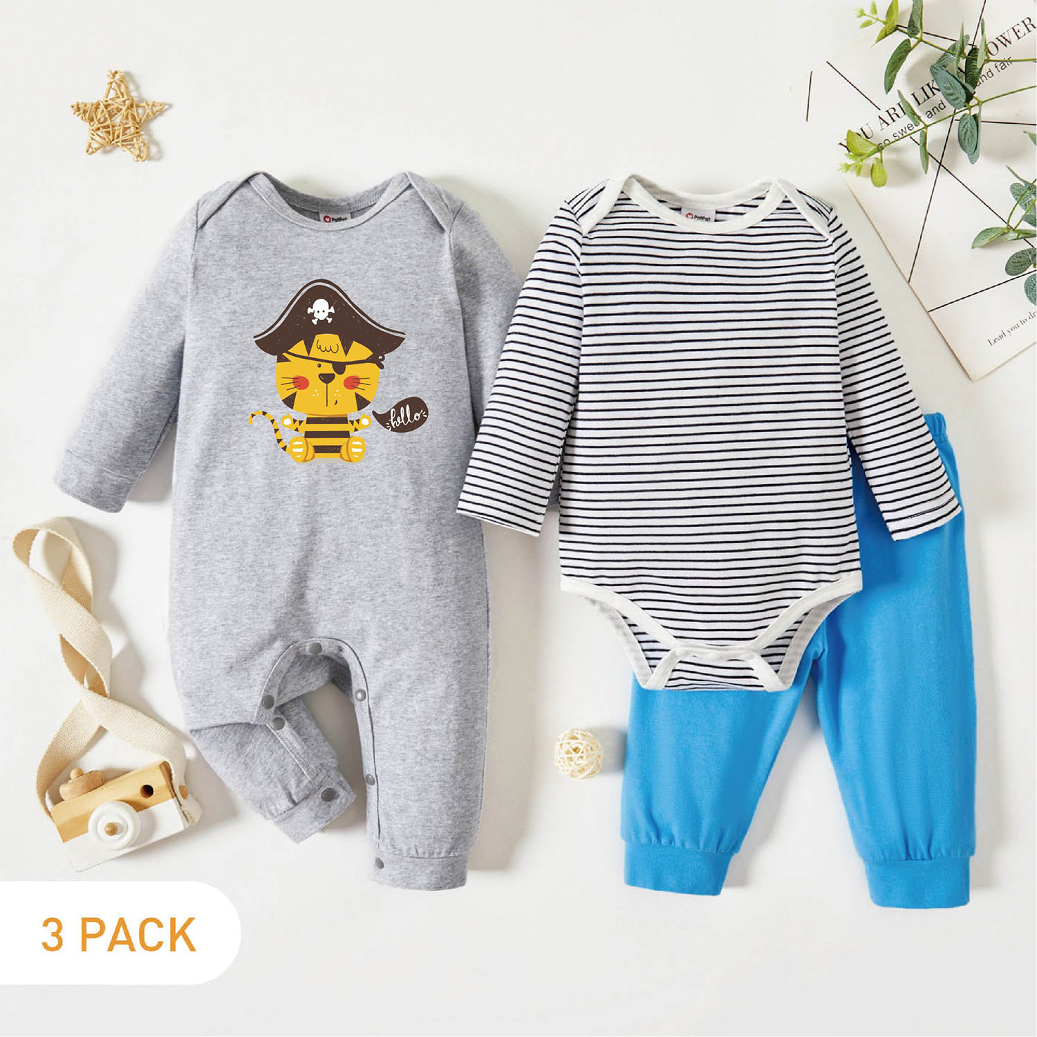 

3-Pack Baby Graphic Tiger and Letter Print Striped Long-sleeve Romper Jumpsuit Pants Set