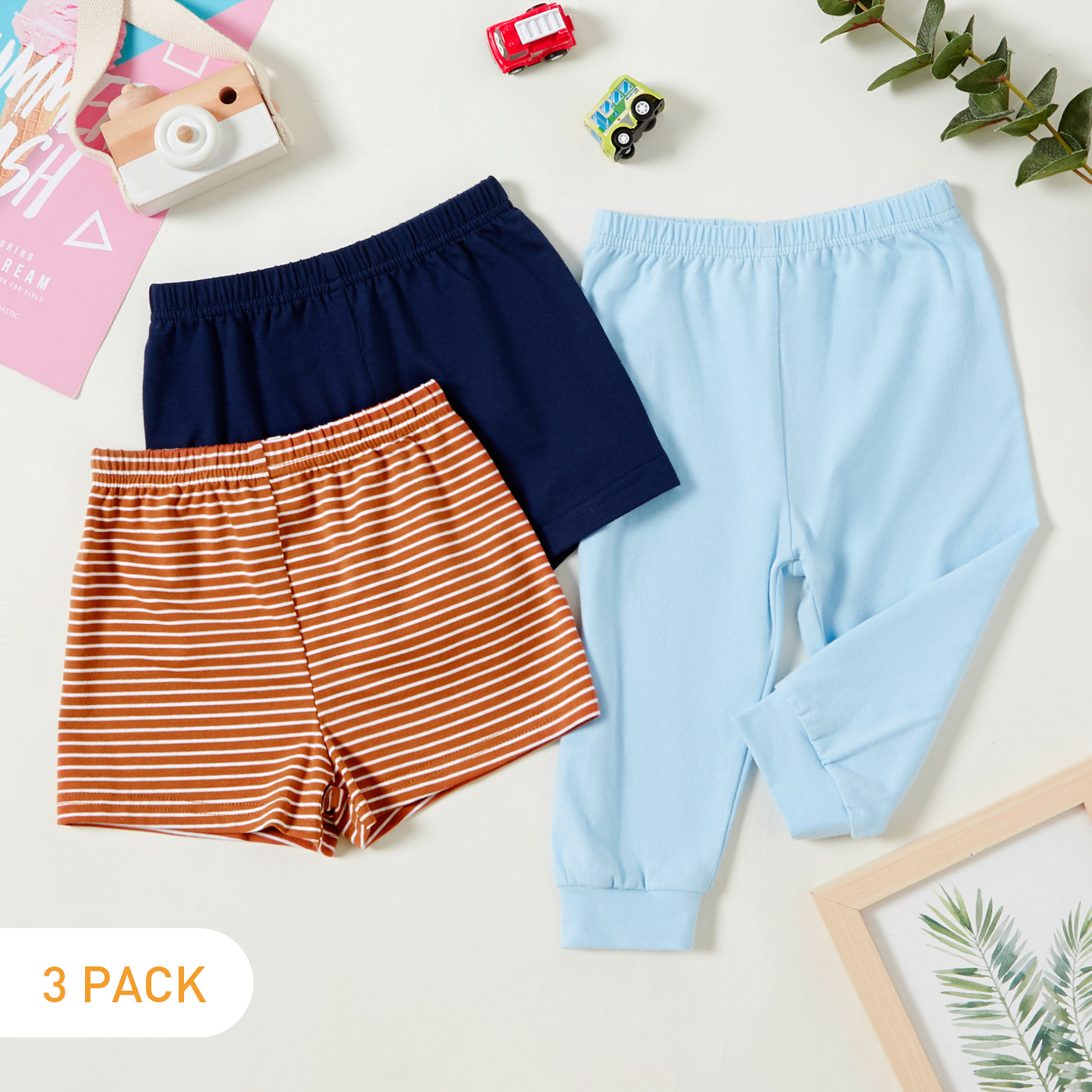 

3-Pack Baby Casual Solid & Striped Pants Shorts Set