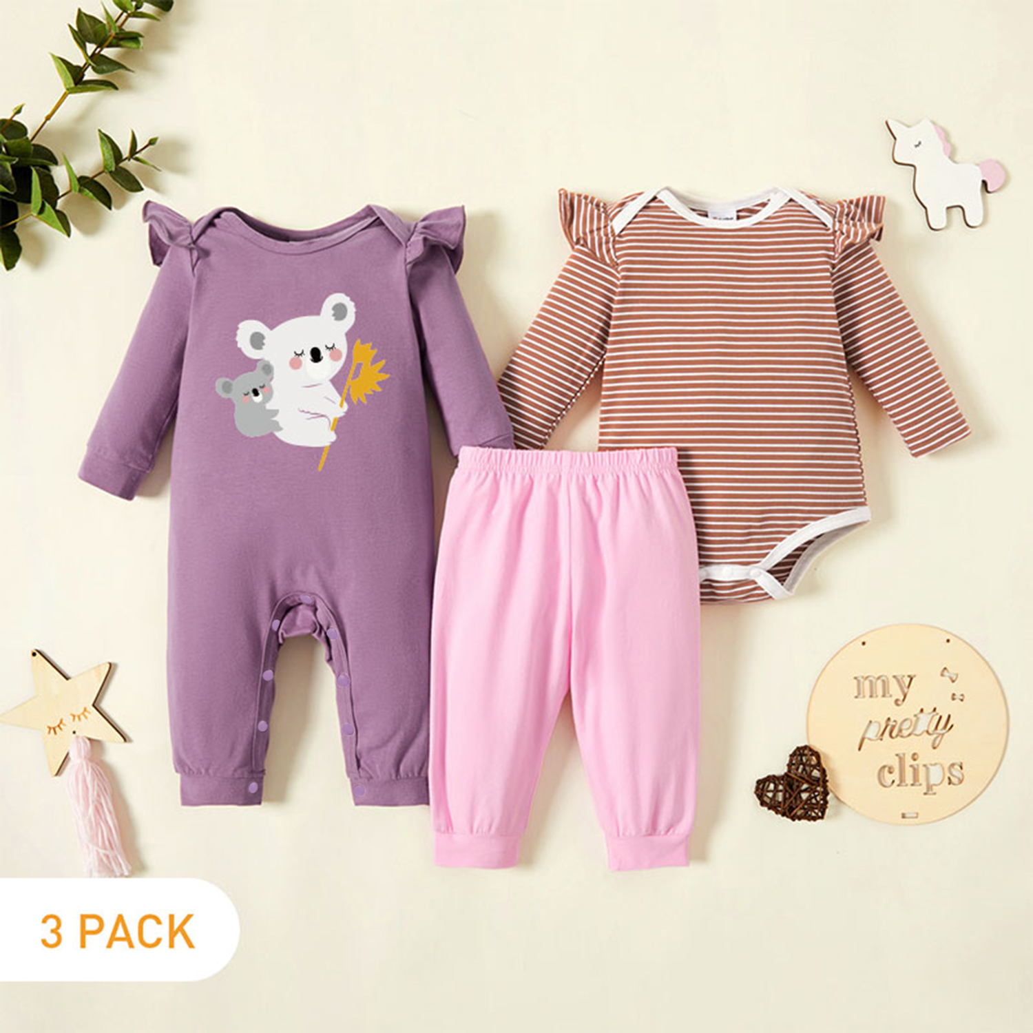 

3-Pack Baby Graphic & Striped Ruffled Romper Jumpsuit Pants Set