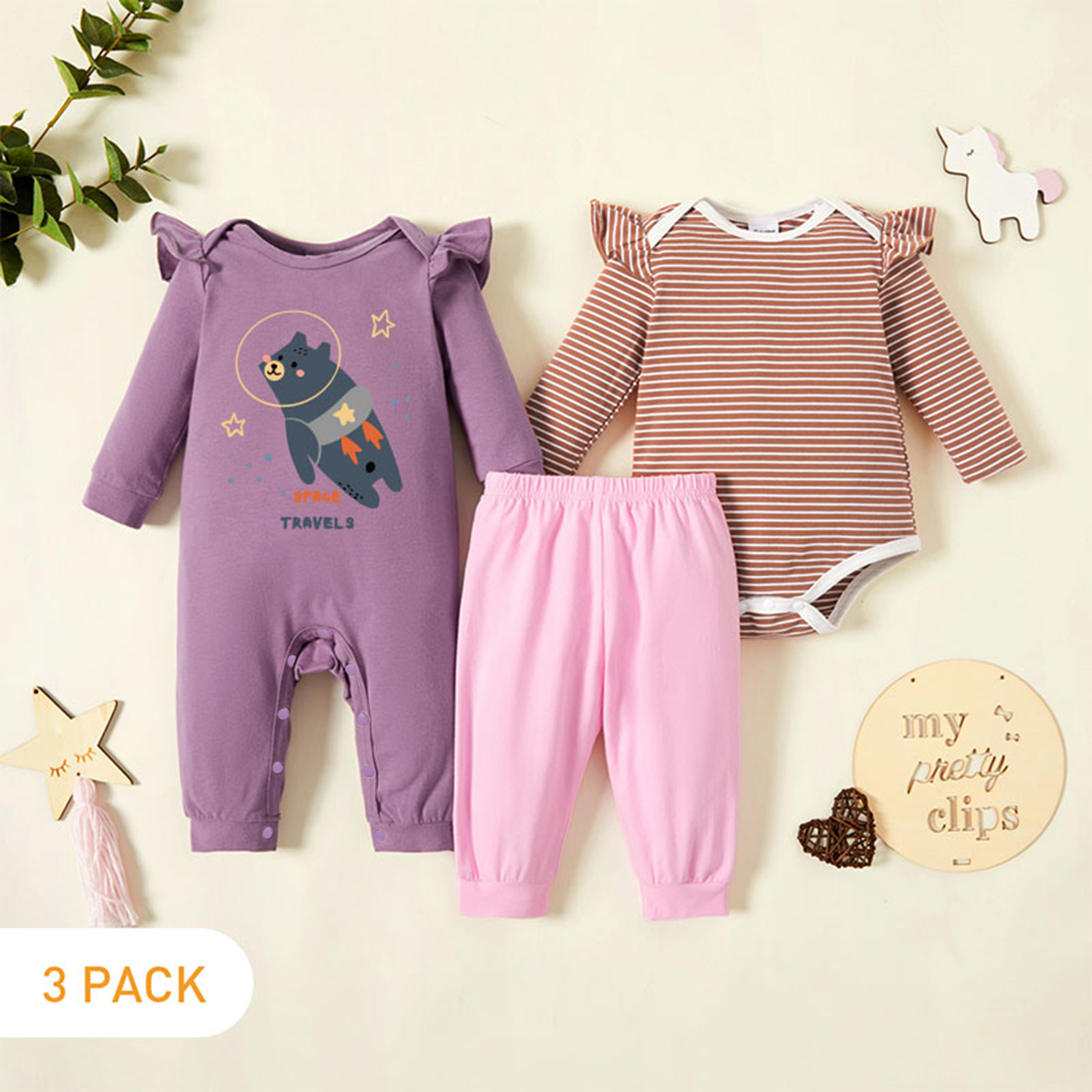 

3-Pack Baby Graphic & Striped Ruffled Romper Jumpsuit Pants Set