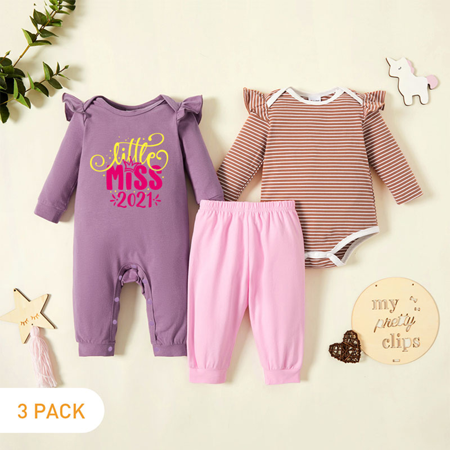 

3-Pack Baby Graphic & Striped Ruffled Romper Jumpsuit Pants Set