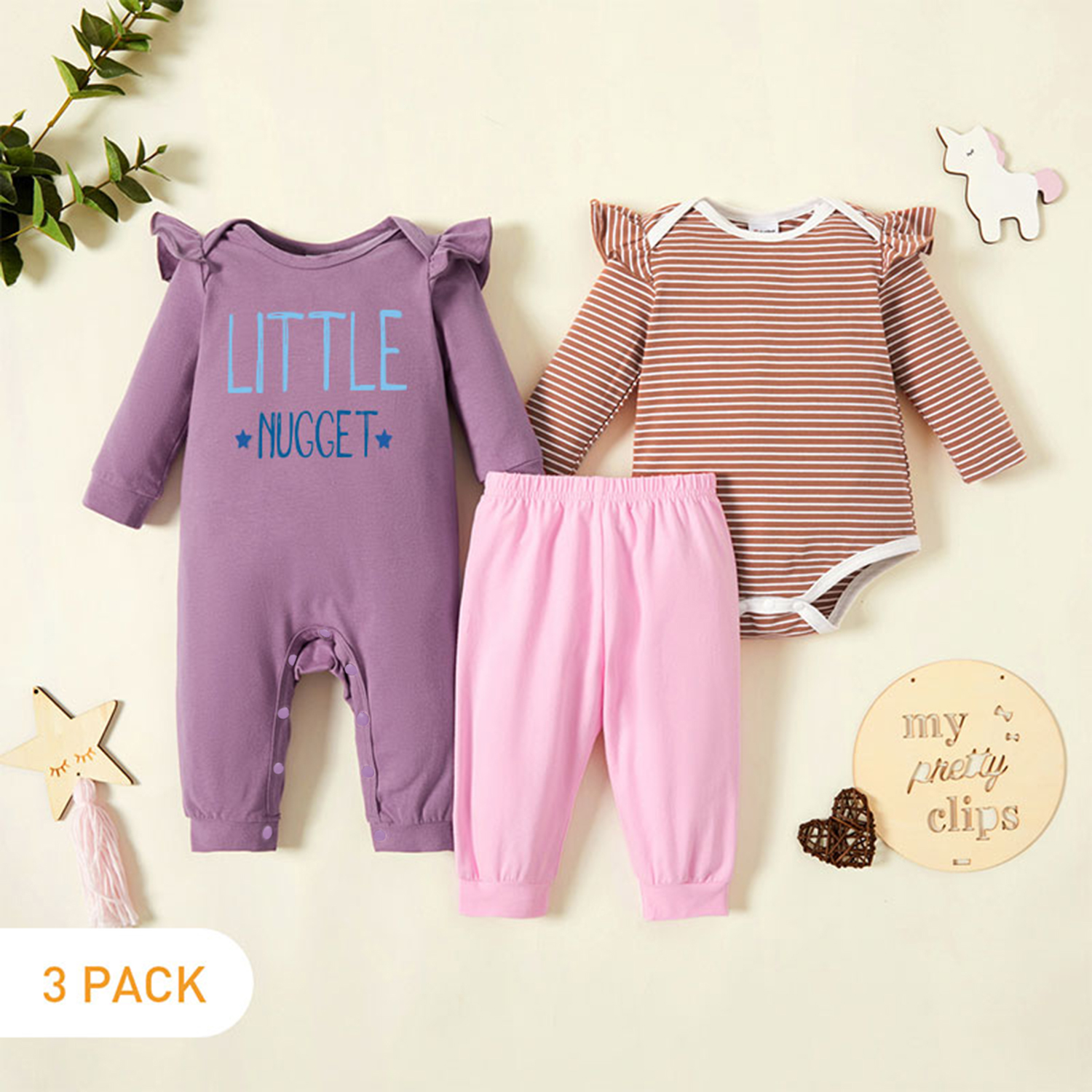 

3-Pack Baby Graphic & Striped Ruffled Romper Jumpsuit Pants Set