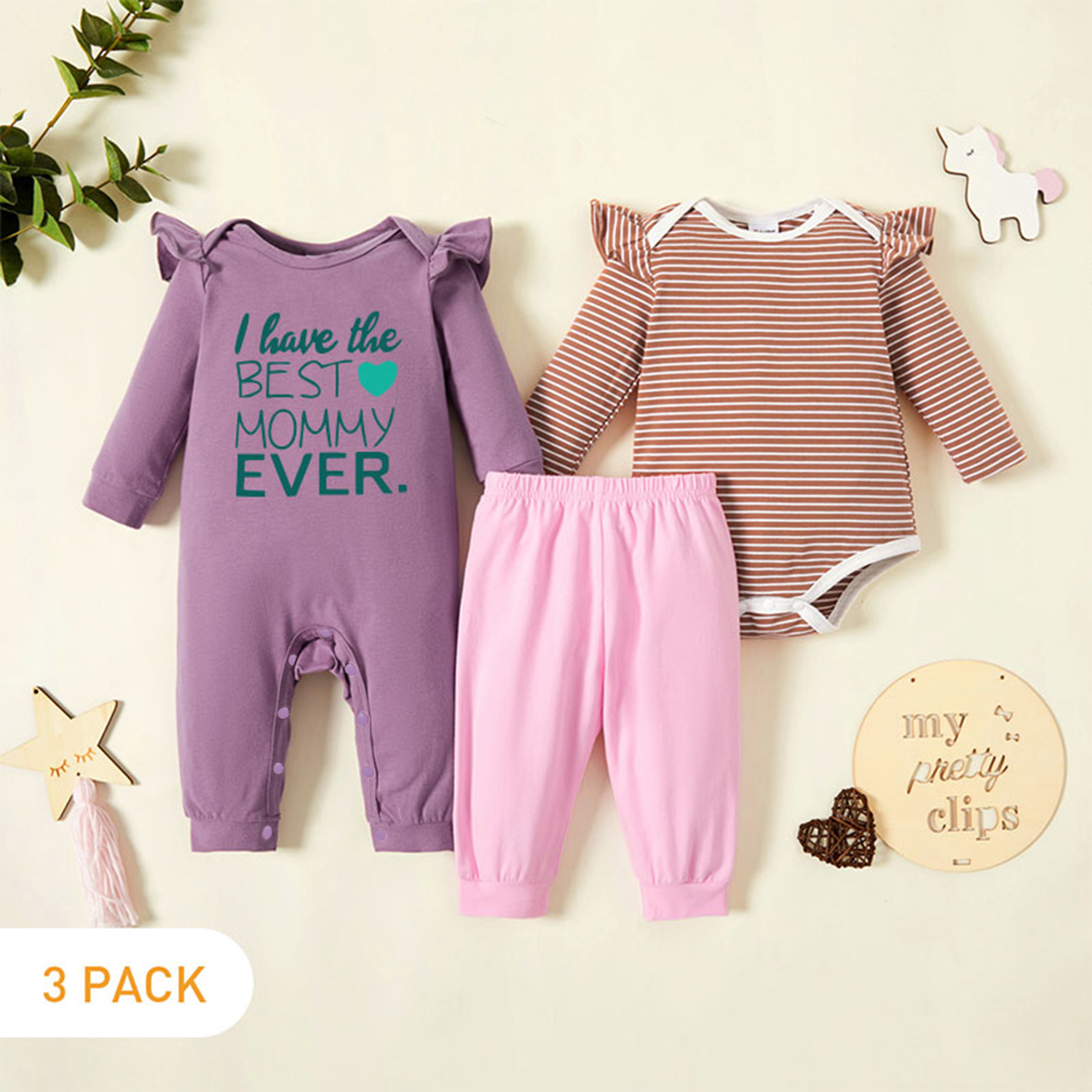

3-Pack Baby Graphic & Striped Ruffled Romper Jumpsuit Pants Set