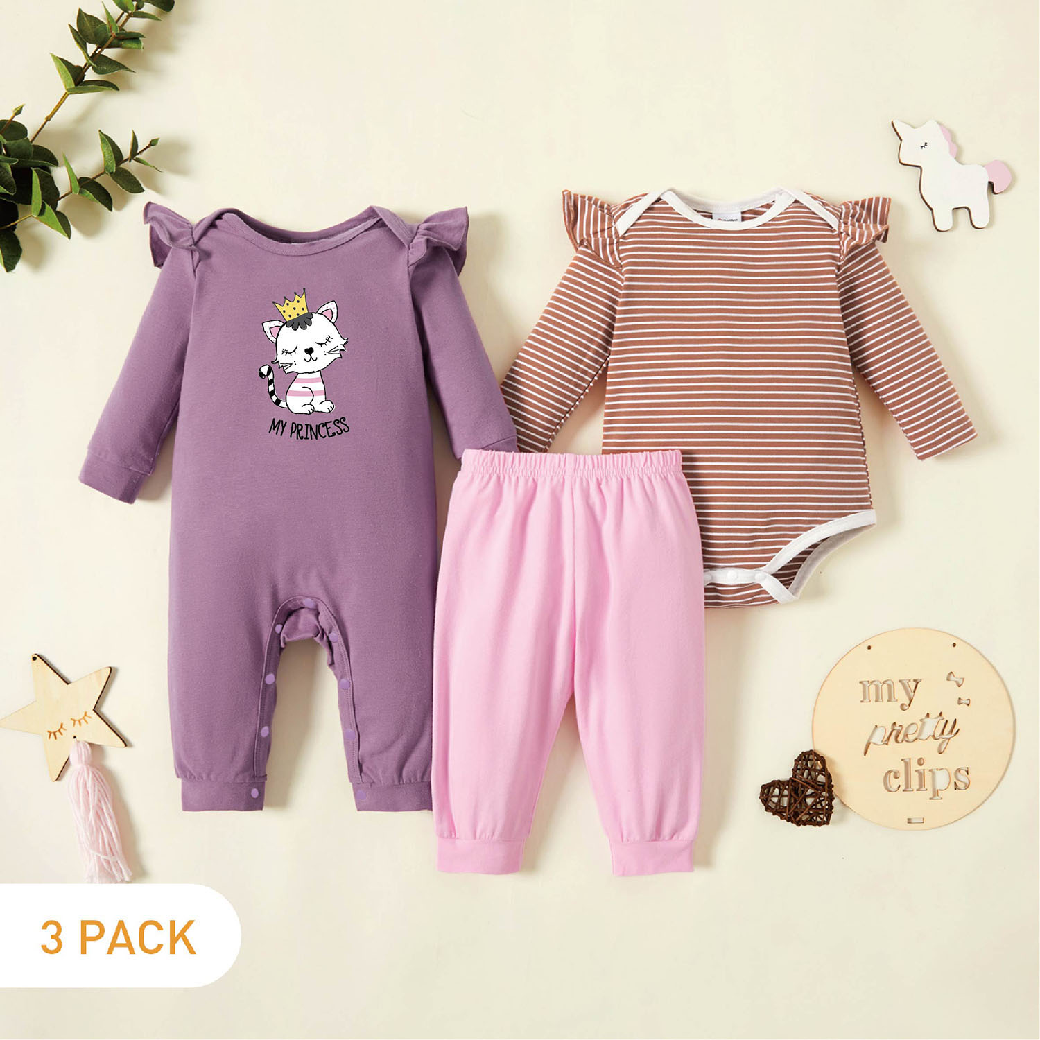 

3-Pack Baby Graphic & Striped Ruffled Romper Jumpsuit Pants Set