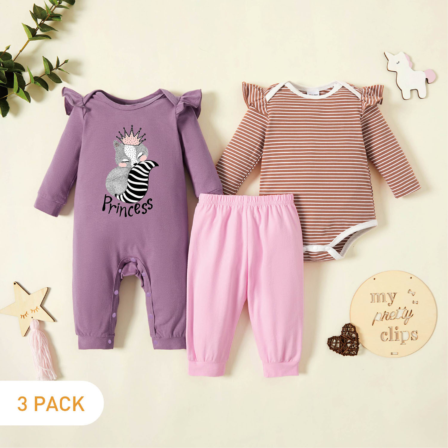 

3-Pack Baby Graphic & Striped Ruffled Romper Jumpsuit Pants Set