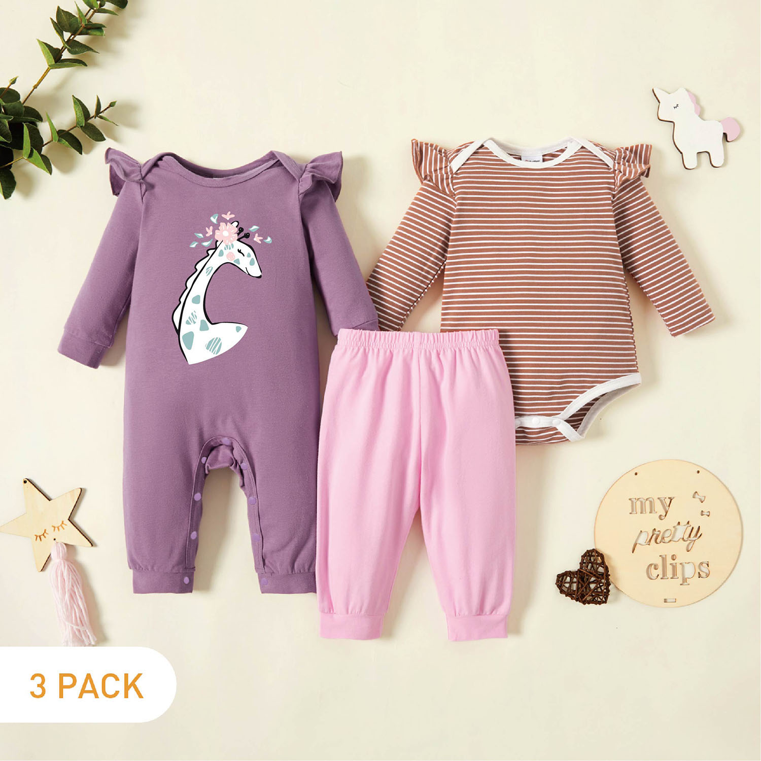 

3-Pack Baby Graphic & Striped Ruffled Romper Jumpsuit Pants Set