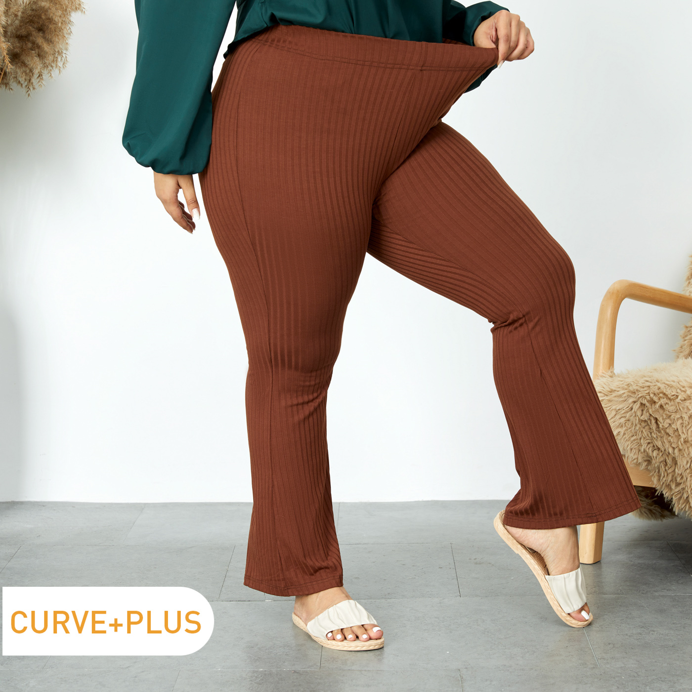 

Women Plus Size Casual Ribbed Brown Flared Pants
