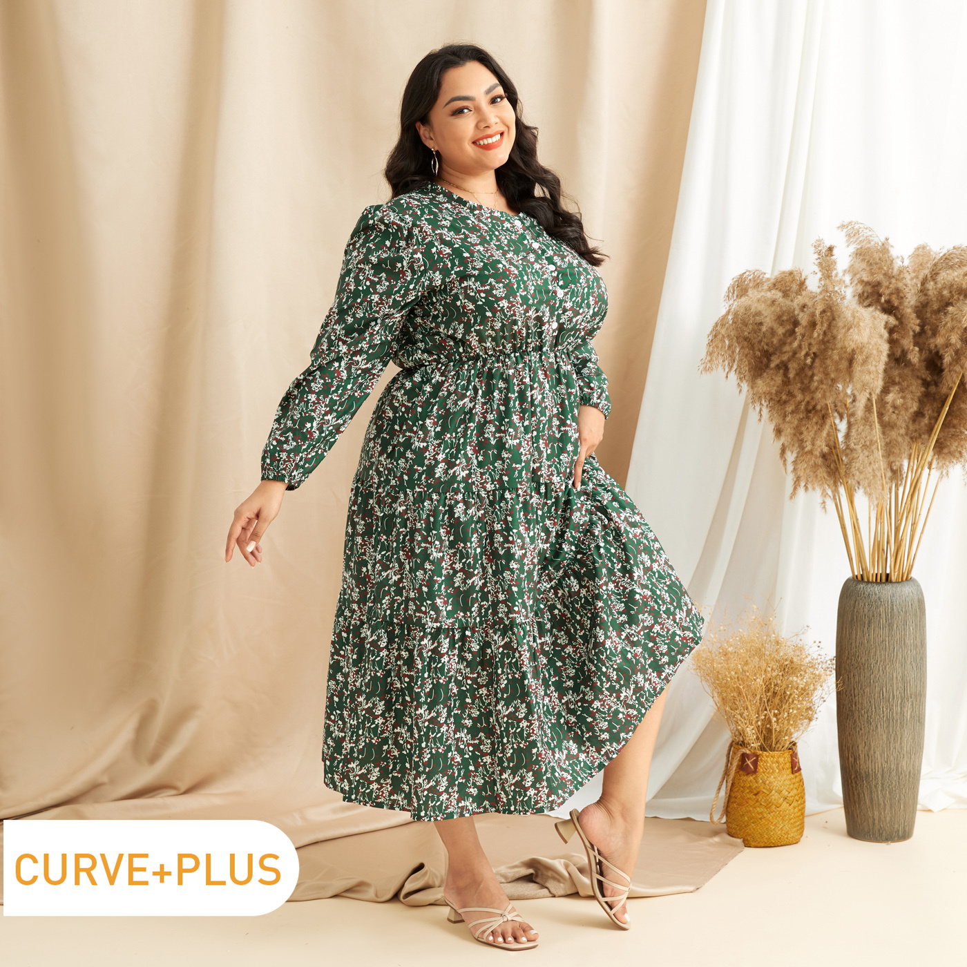 

Women Plus Size Elegant Floral Print Round-collar Long-sleeve Midi Dress