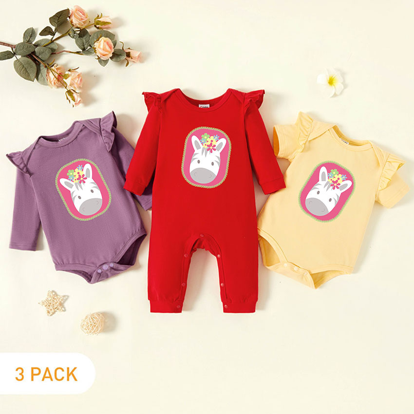 

3-Pack Baby Graphic Flutter-sleeve Romper and Jumpsuit Set