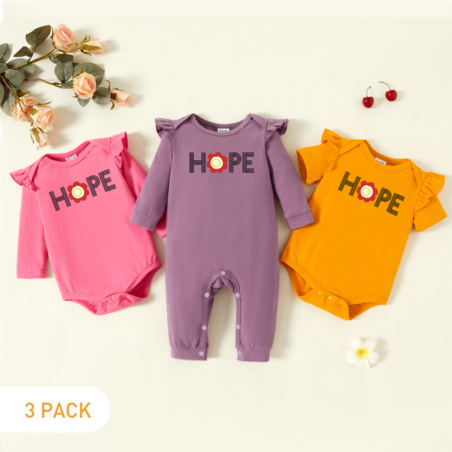 

3-Pack Baby Graphic Flutter-sleeve Romper and Jumpsuit Set