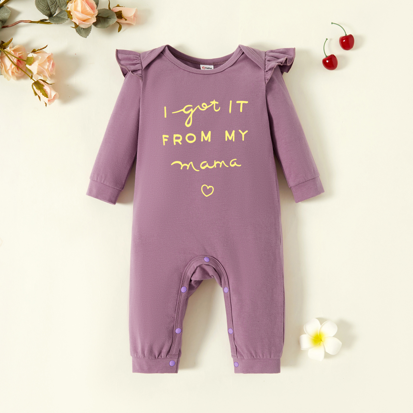 

Baby Girl Graphic Letter and Heart Print Ruffled Long-sleeve Jumpsuit